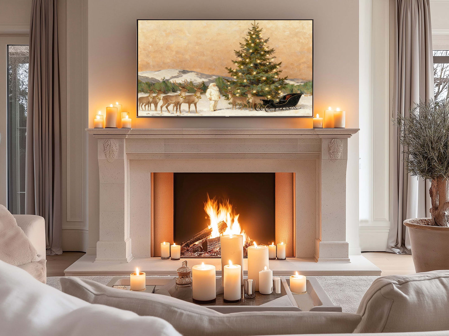 Santa with Reindeer on the Mountain TV Art