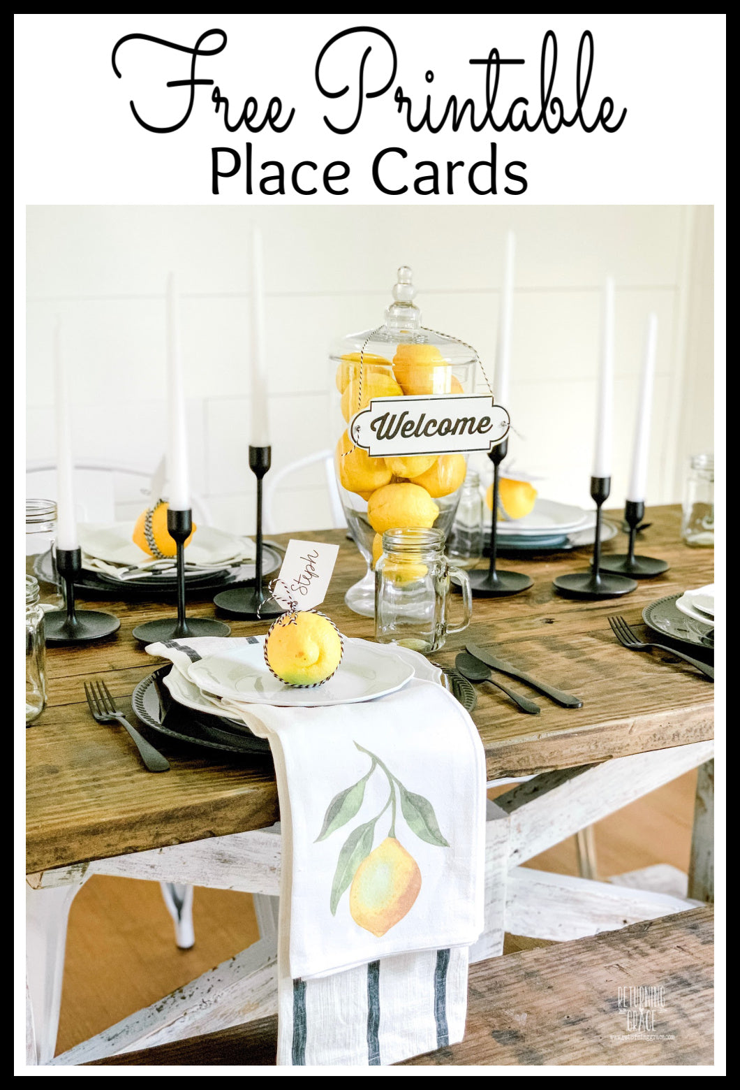 Summer Lemon Tablescape with Free Printable Place Cards