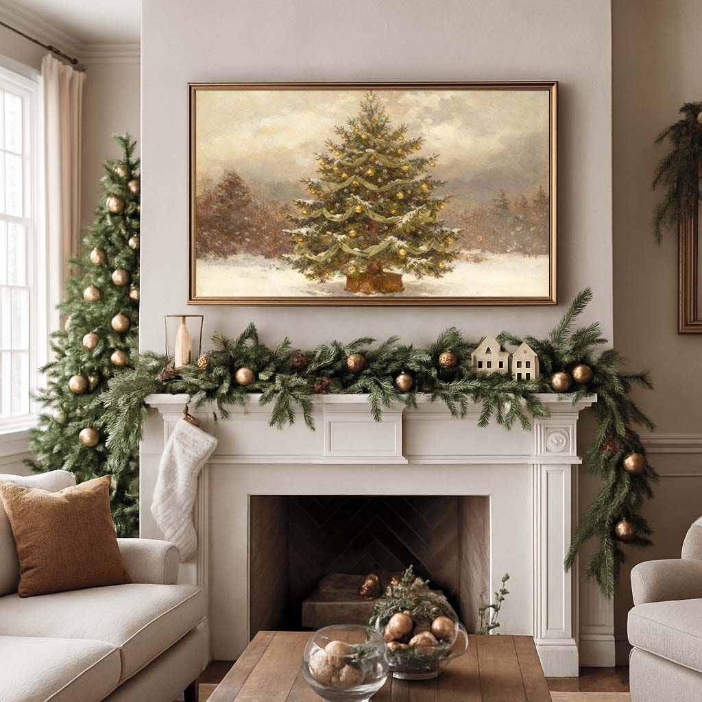 Gold Christmas Tree in the Woods TV Art