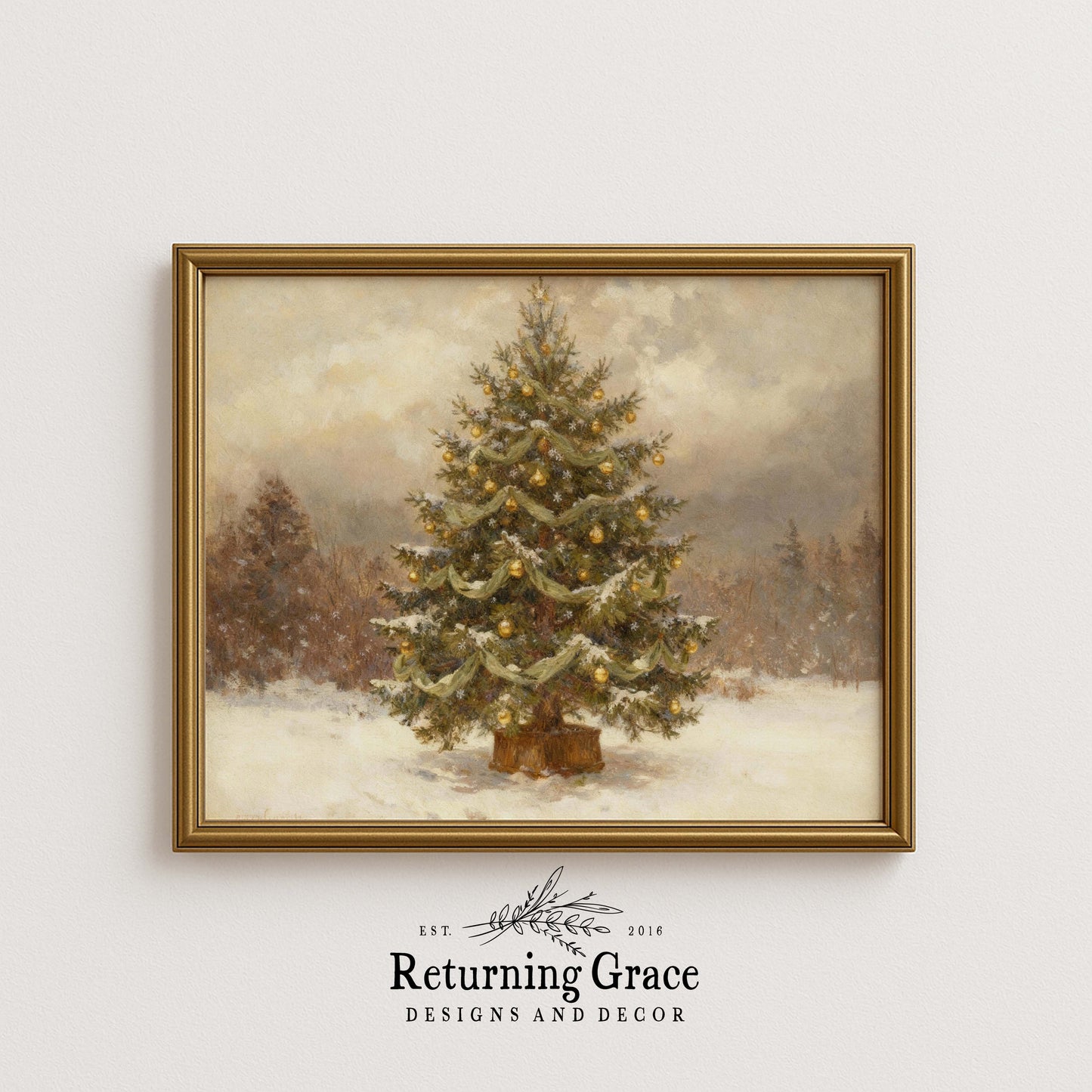 Gold Christmas Tree in the Woods Printable Art
