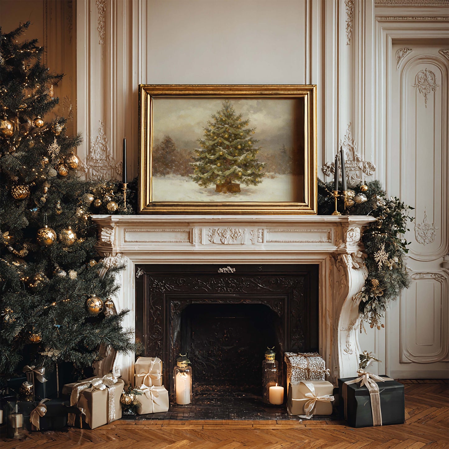 Gold Christmas Tree in the Woods Printable Art