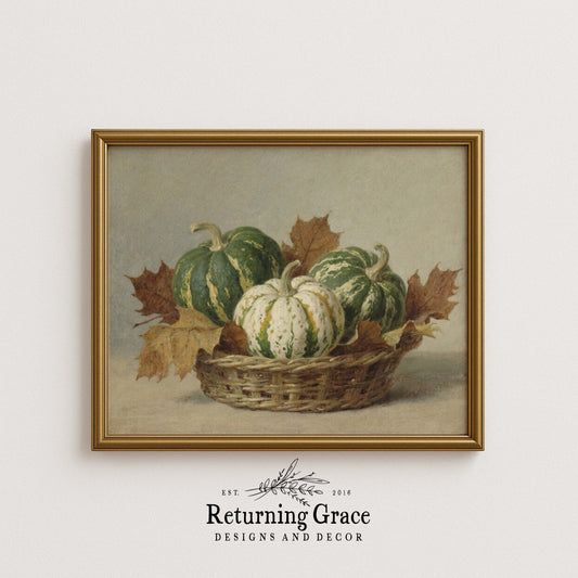 Green and White Pumpkins in Basket Still Life Printable Art