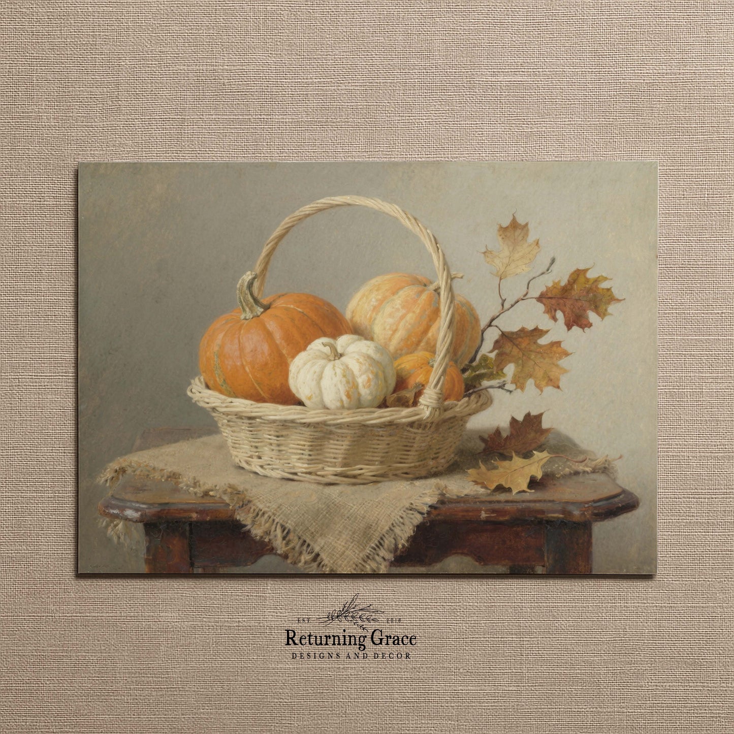 Orange and White Pumpkins in Basket with Oak Leaves Still Life Printable Art