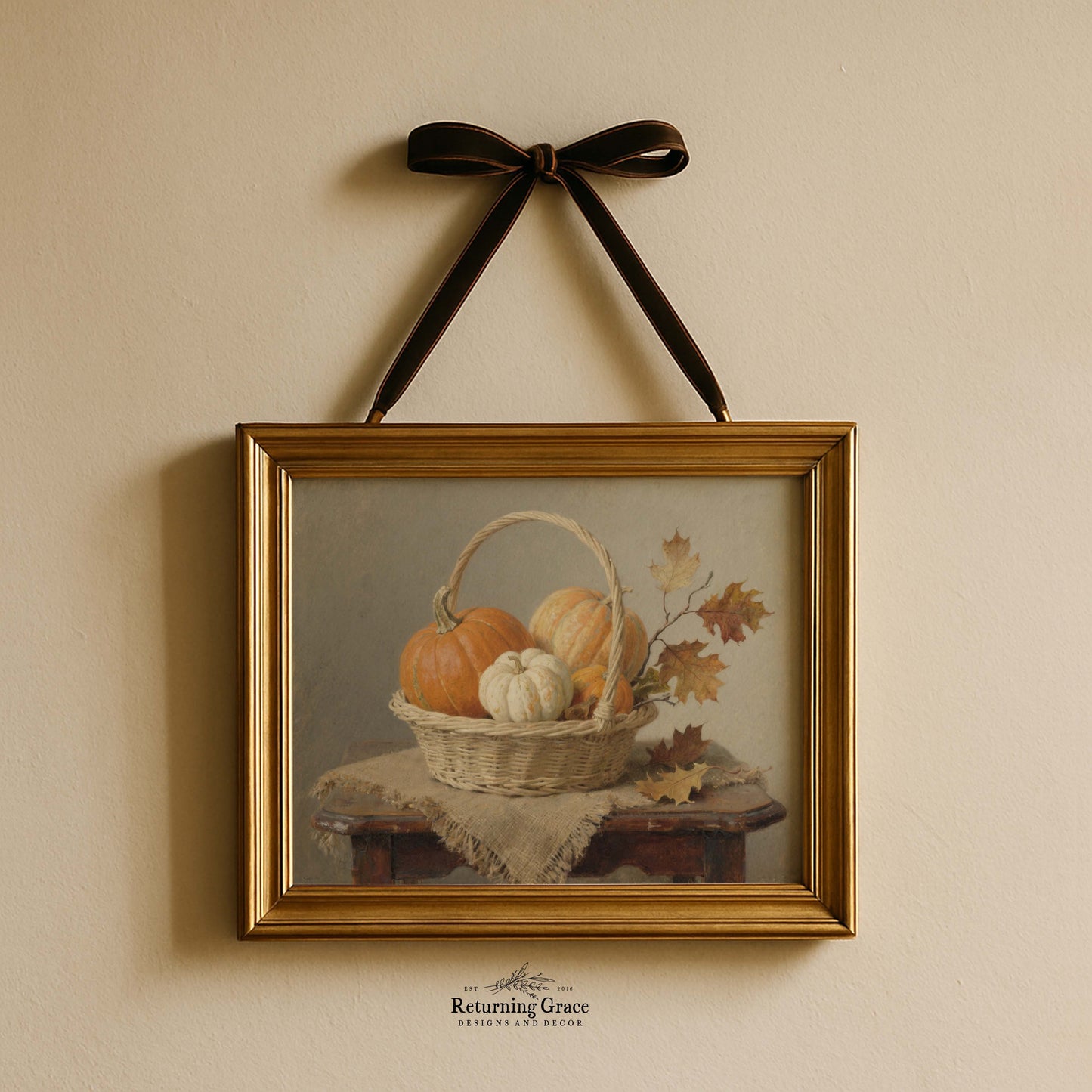 Orange and White Pumpkins in Basket with Oak Leaves Still Life Printable Art