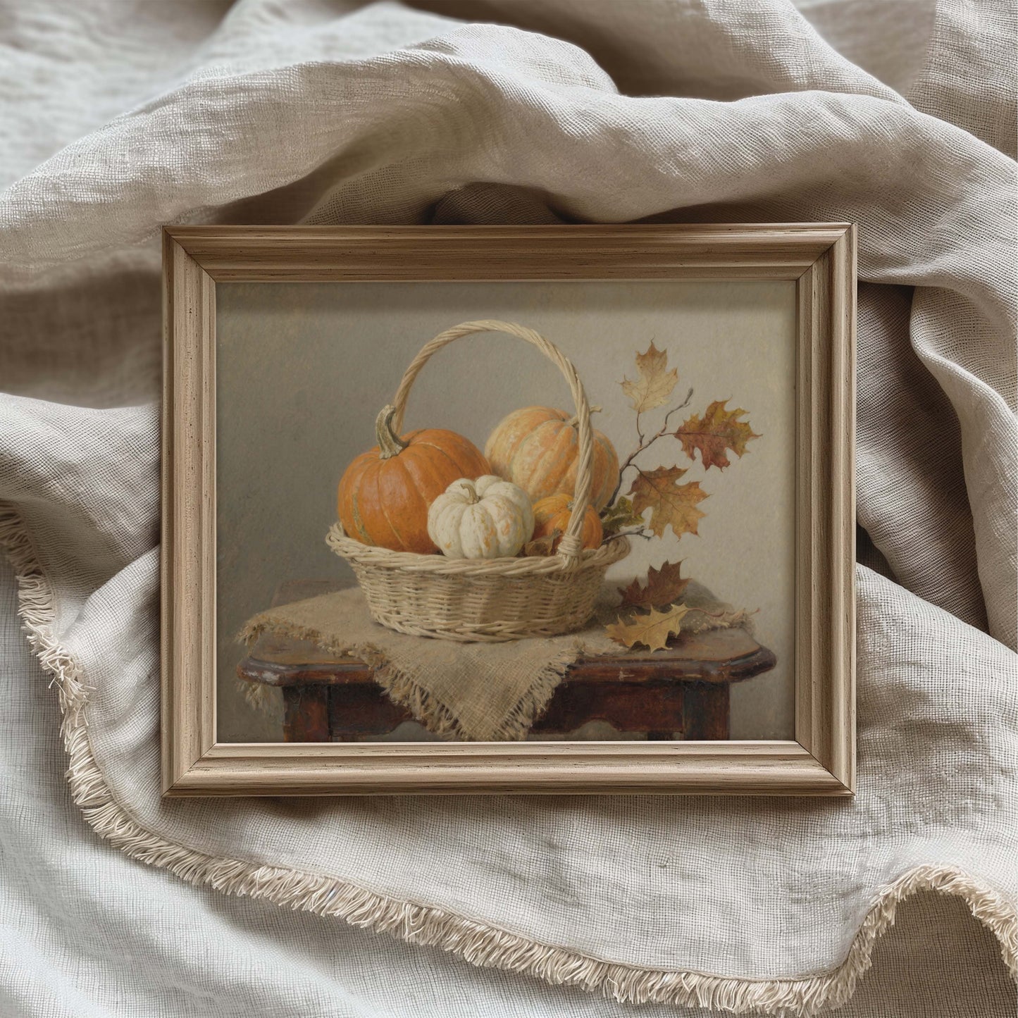 Orange and White Pumpkins in Basket with Oak Leaves Still Life Printable Art