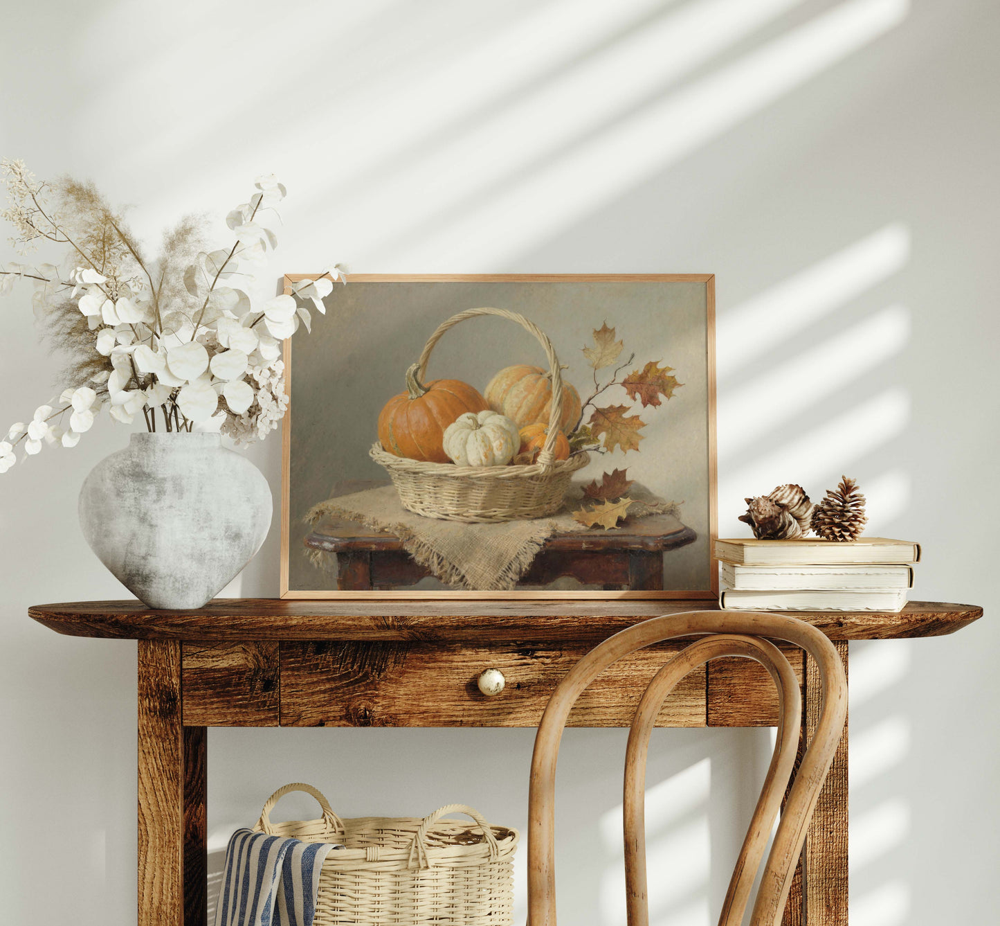 Orange and White Pumpkins in Basket with Oak Leaves Still Life Printable Art