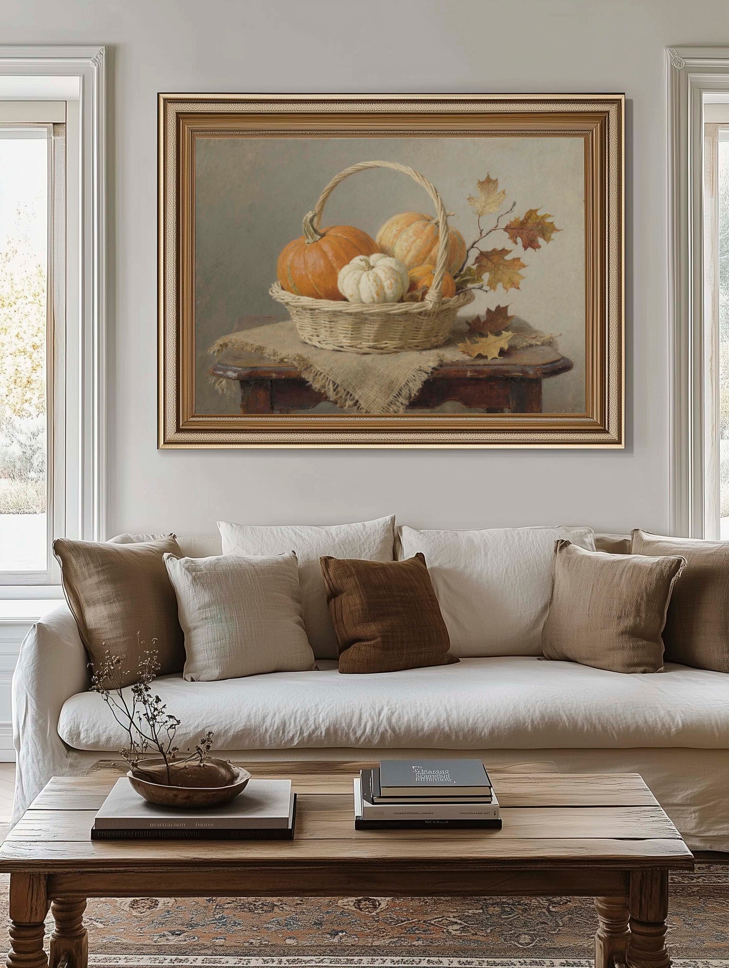 Orange and White Pumpkins in Basket with Oak Leaves Still Life Printable Art