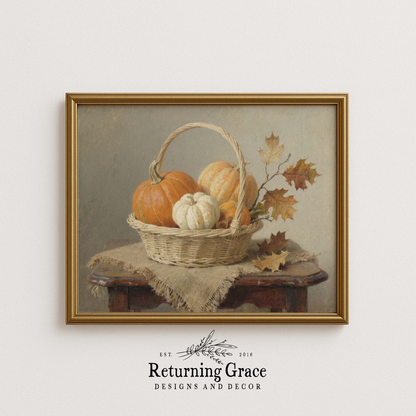 Orange and White Pumpkins in Basket with Oak Leaves Still Life Printable Art