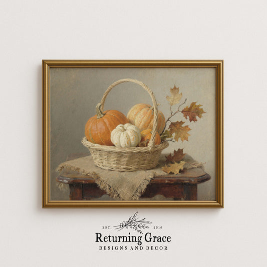 Orange and White Pumpkins in Basket with Oak Leaves Still Life Printable Art
