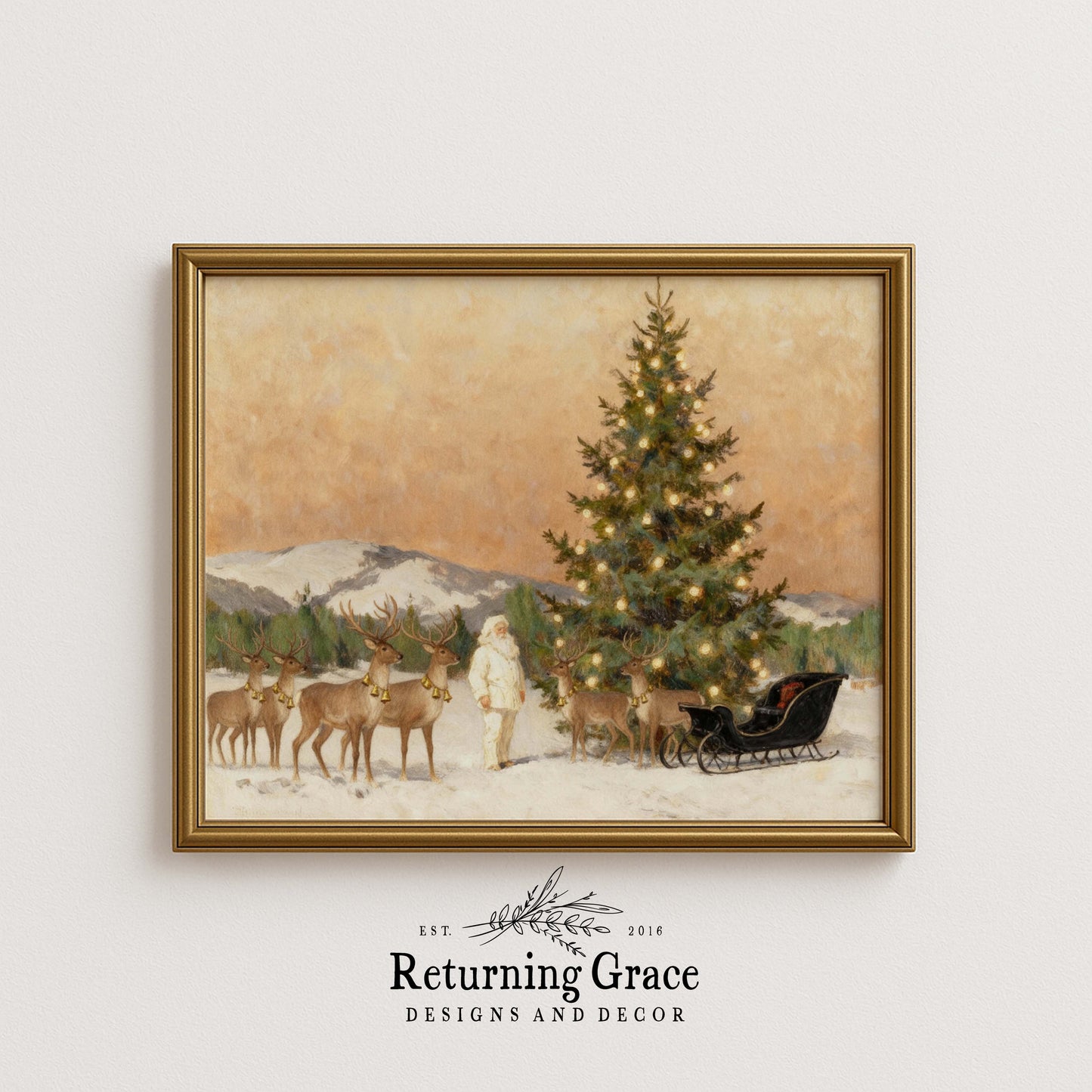 Santa with Reindeer on the Mountain Printable Art