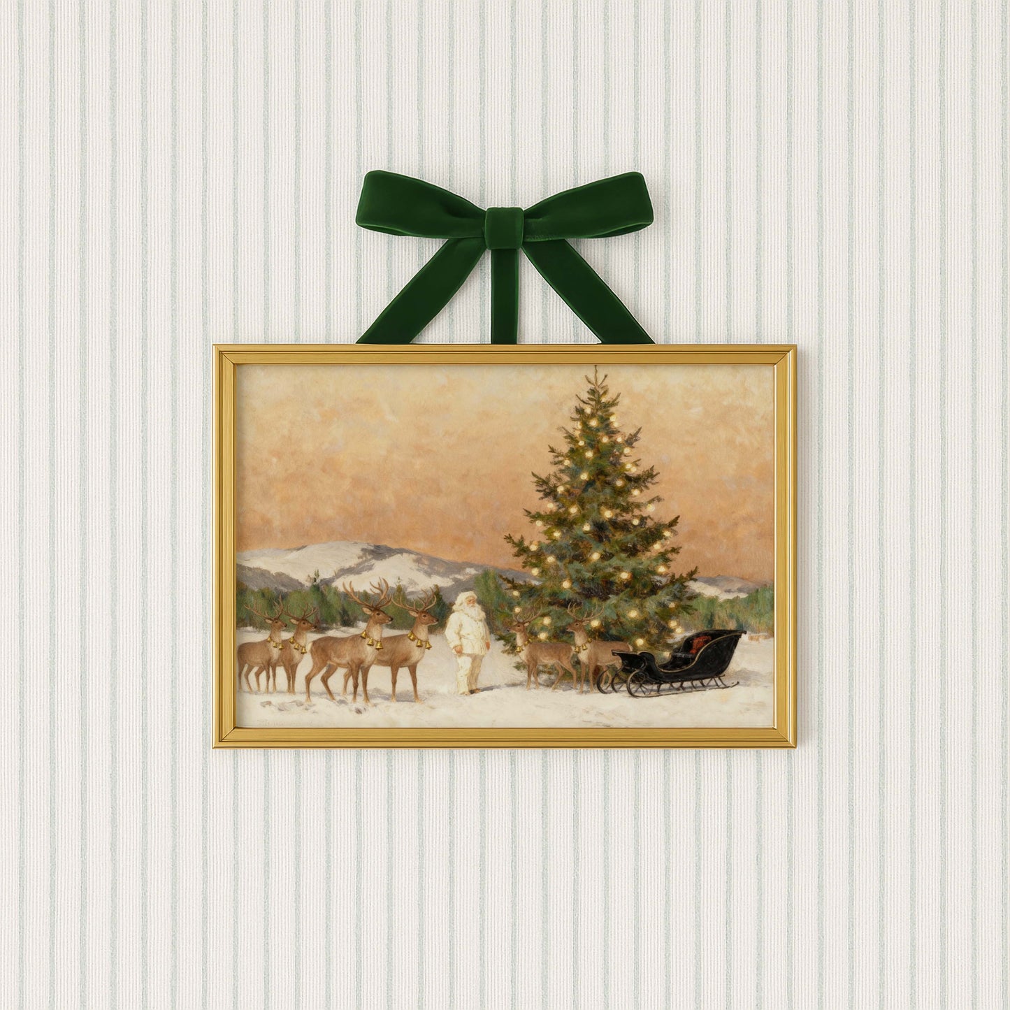 Santa with Reindeer on the Mountain Printable Art