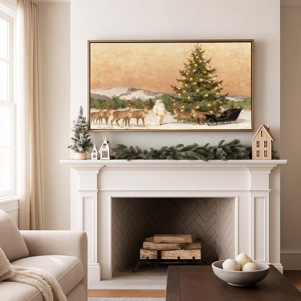 Santa with Reindeer on the Mountain TV Art