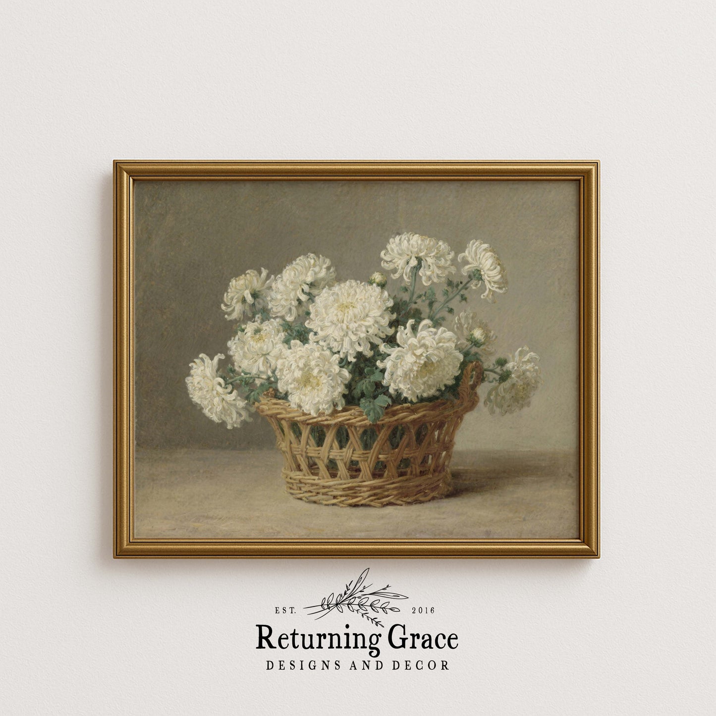 White Mums in Wicker Basket Still Life Printable Art