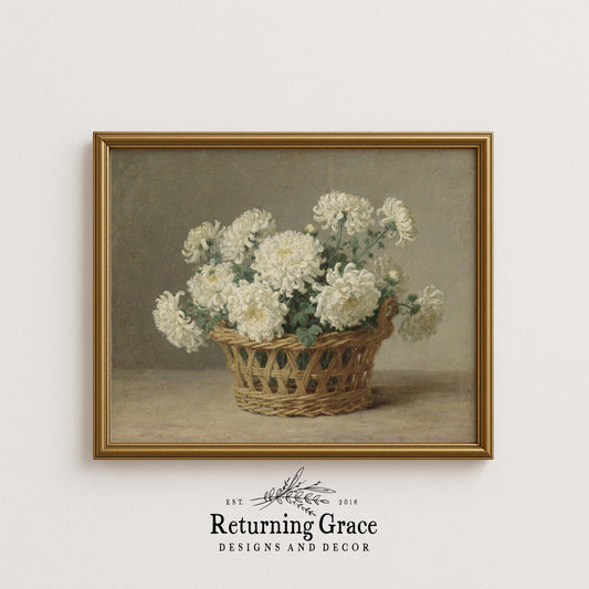 White Mums in Wicker Basket Still Life Printable Art