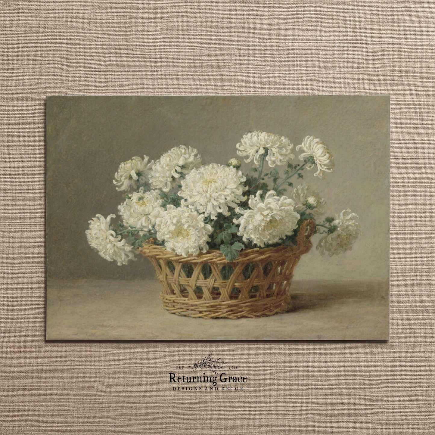 White Mums in Wicker Basket Still Life Printable Art