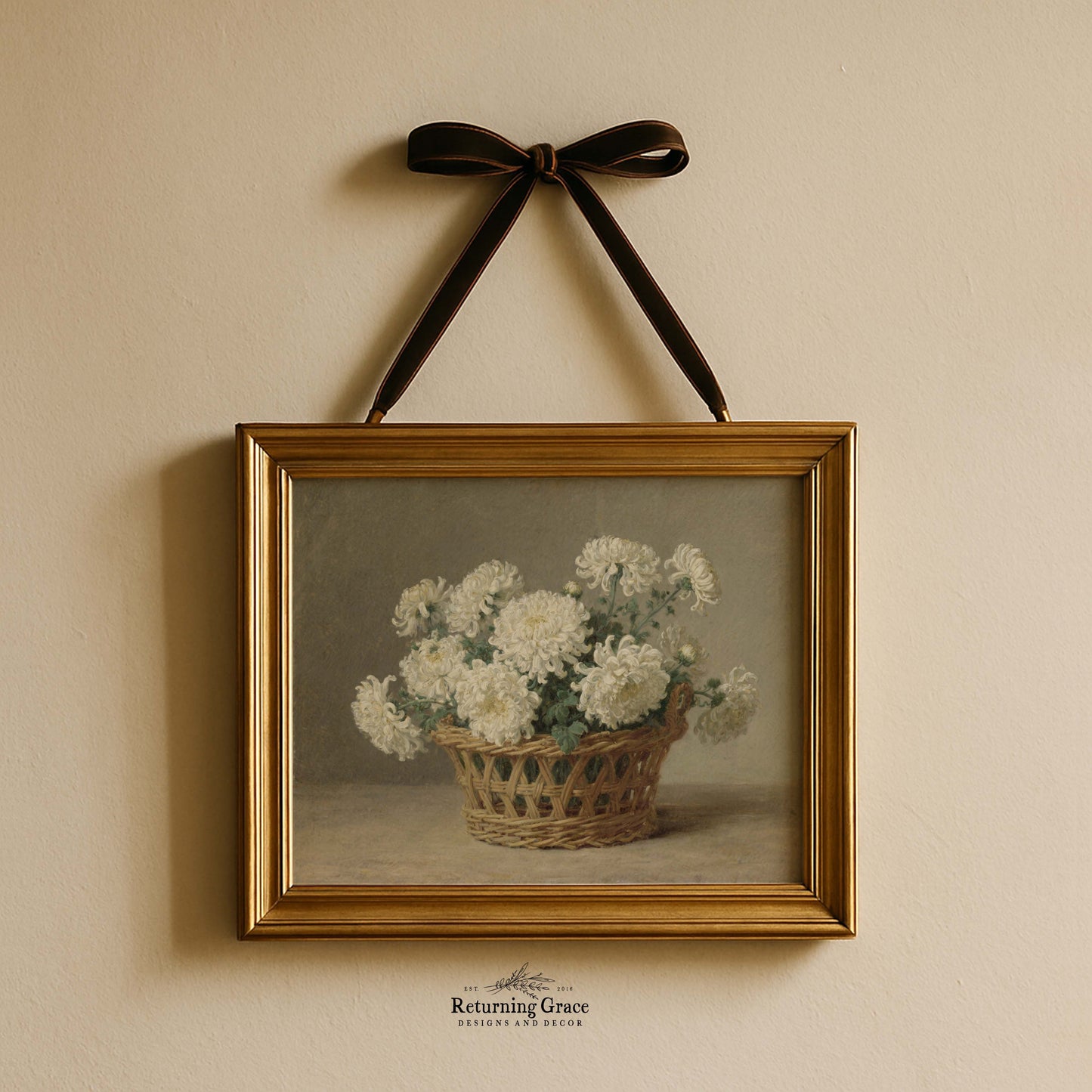 White Mums in Wicker Basket Still Life Printable Art