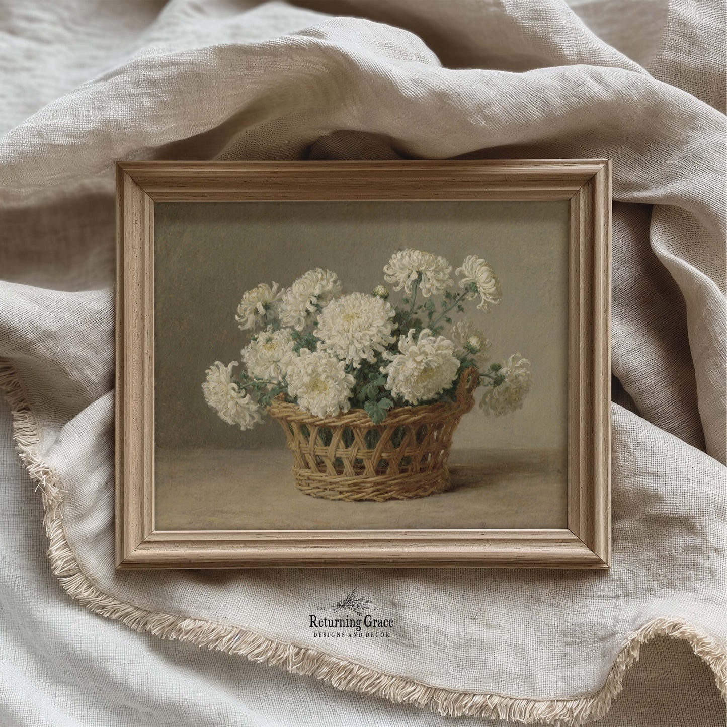 White Mums in Wicker Basket Still Life Printable Art