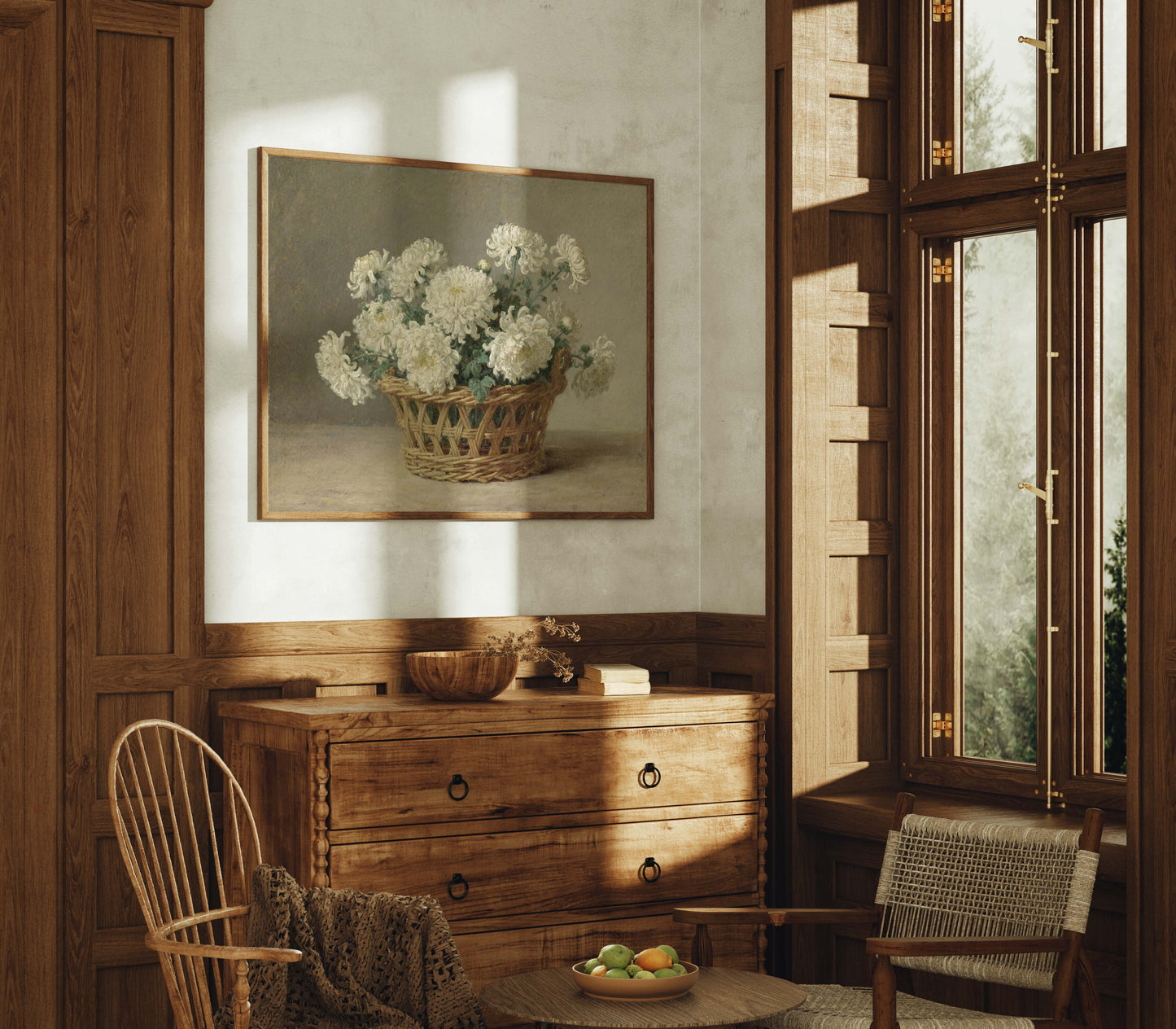White Mums in Wicker Basket Still Life Printable Art