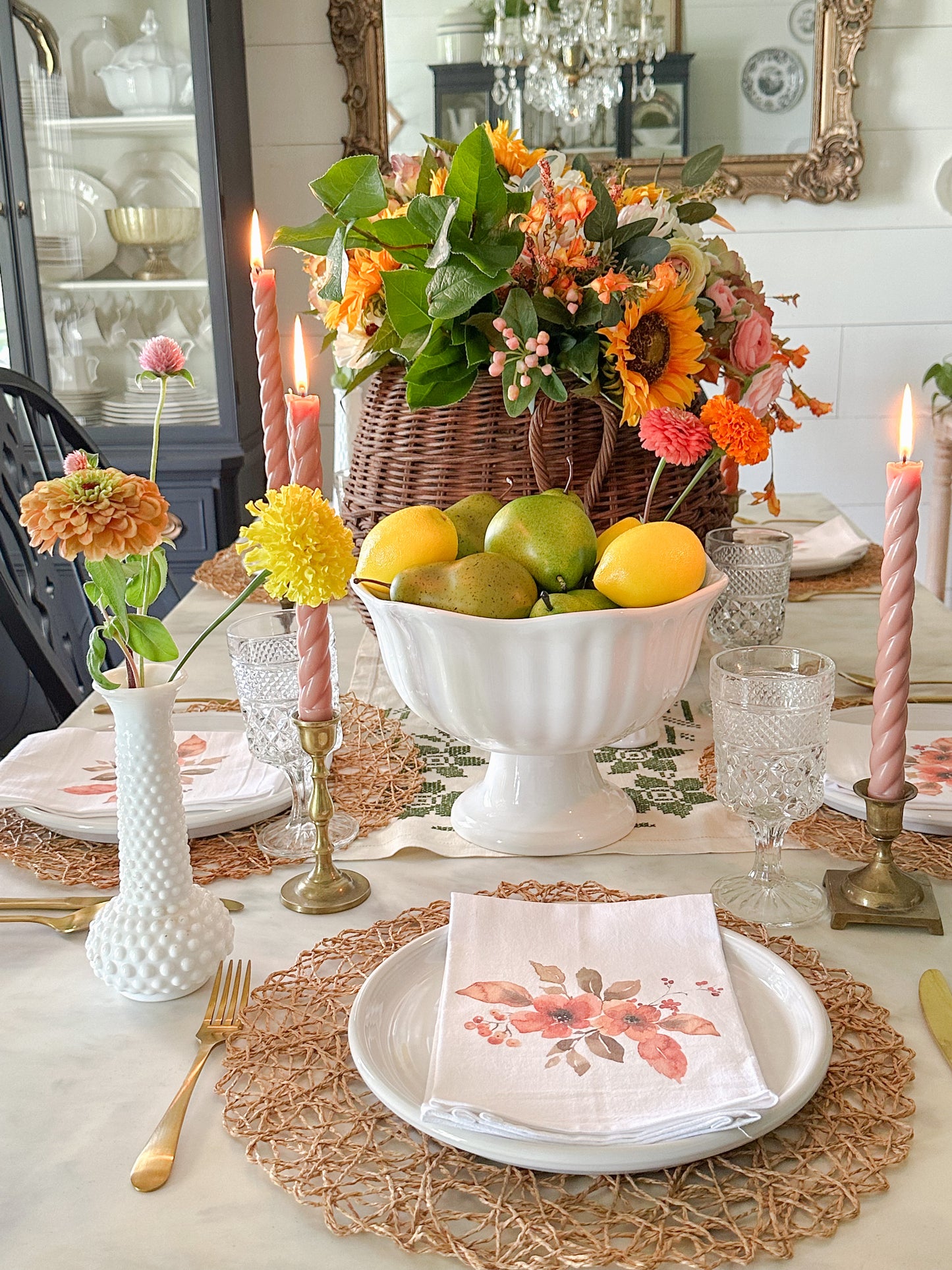 Fall Watercolor Flowers with Berries Napkin