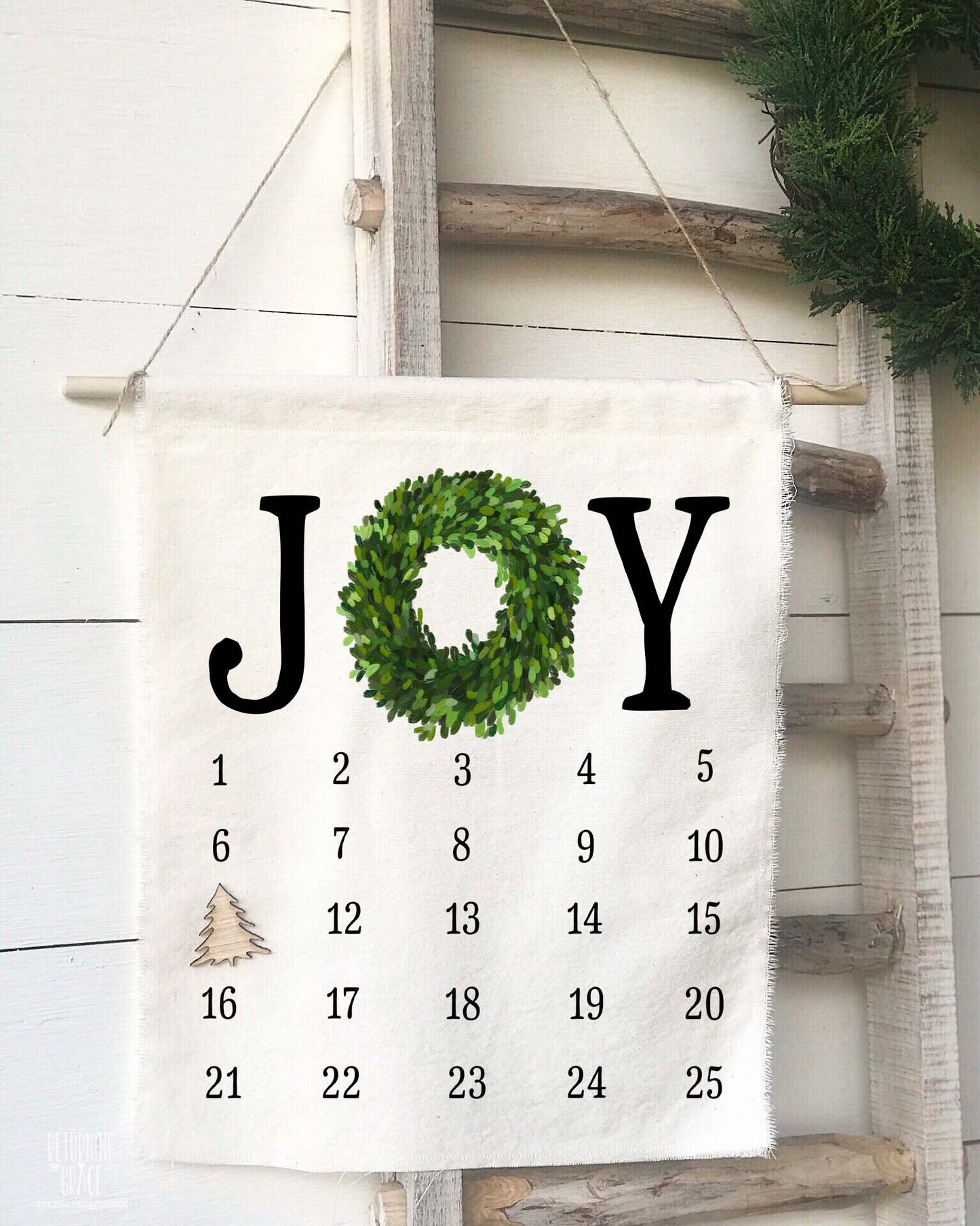 Joy Boxwood Wreath Christmas Countdown Calendar - Returning Grace Designs