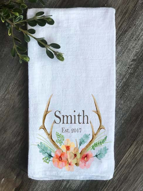 Antler Floral Watercolor Personalized Flour Sack Towel - Returning Grace Designs