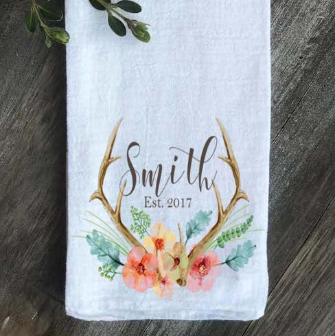 Antler Floral Watercolor Personalized Flour Sack Towel - Returning Grace Designs