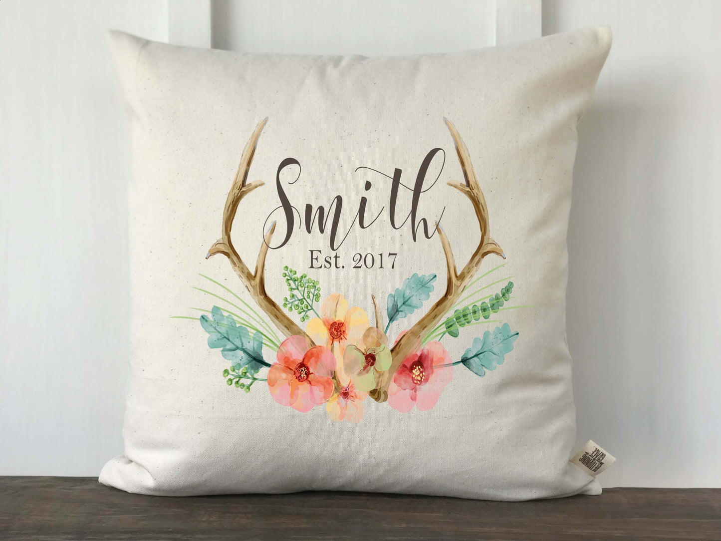 Antler Floral Watercolor Personalized Pillow Cover - Returning Grace Designs