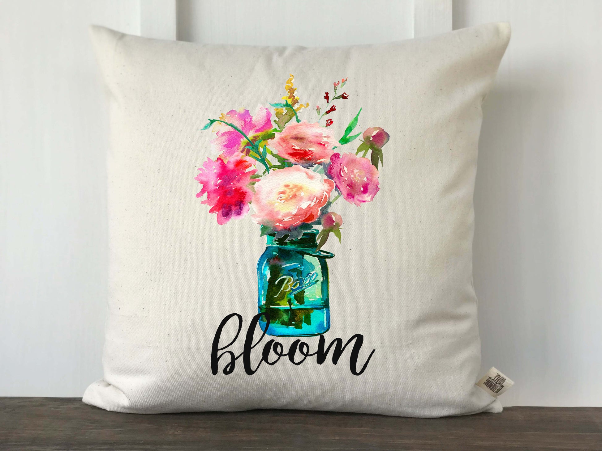 Mason Jar Watercolor Flower Bloom Pillow Cover - Returning Grace Designs