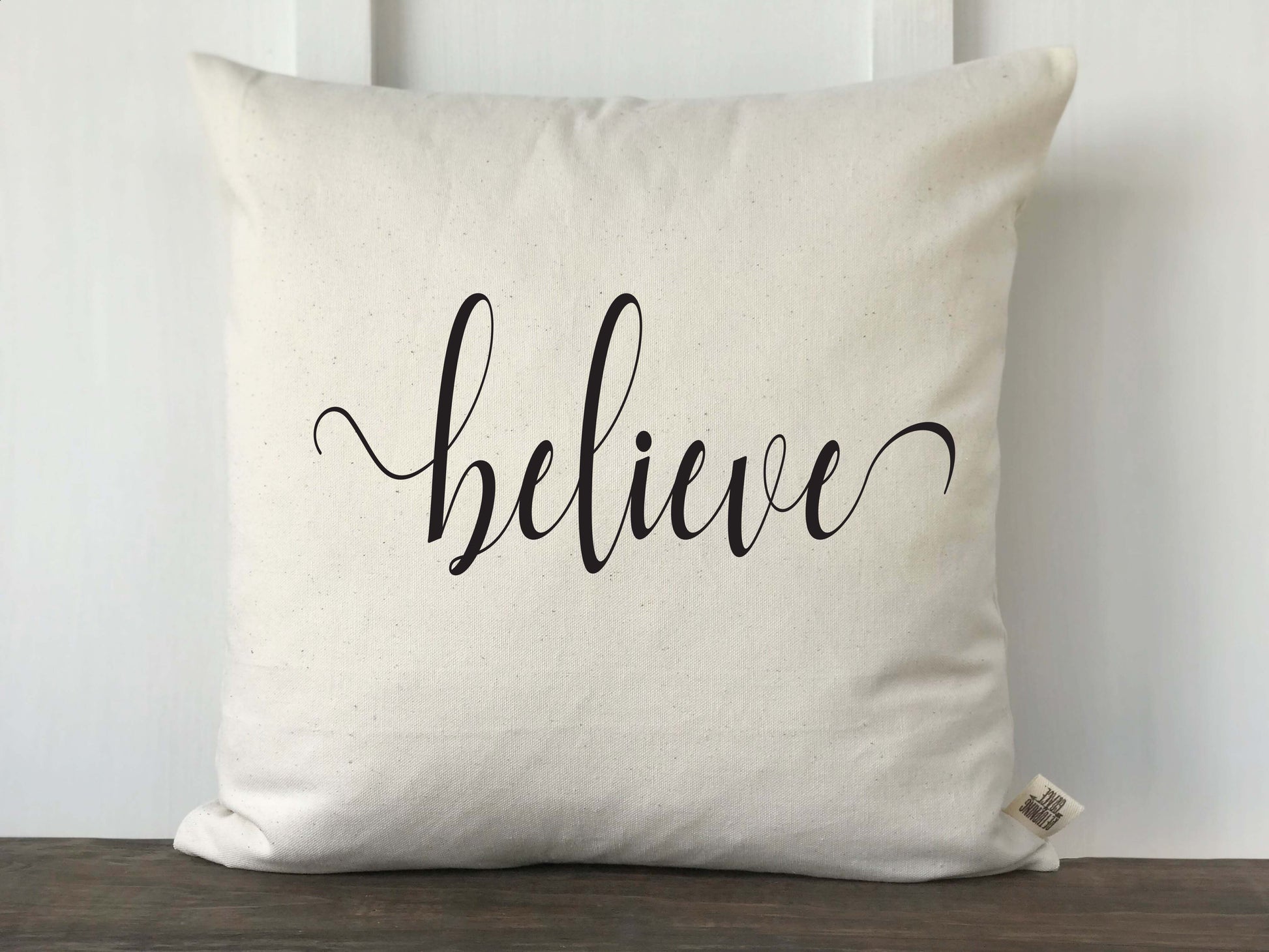 Believe Script Farmhouse Christmas Pillow Cover - Returning Grace Designs