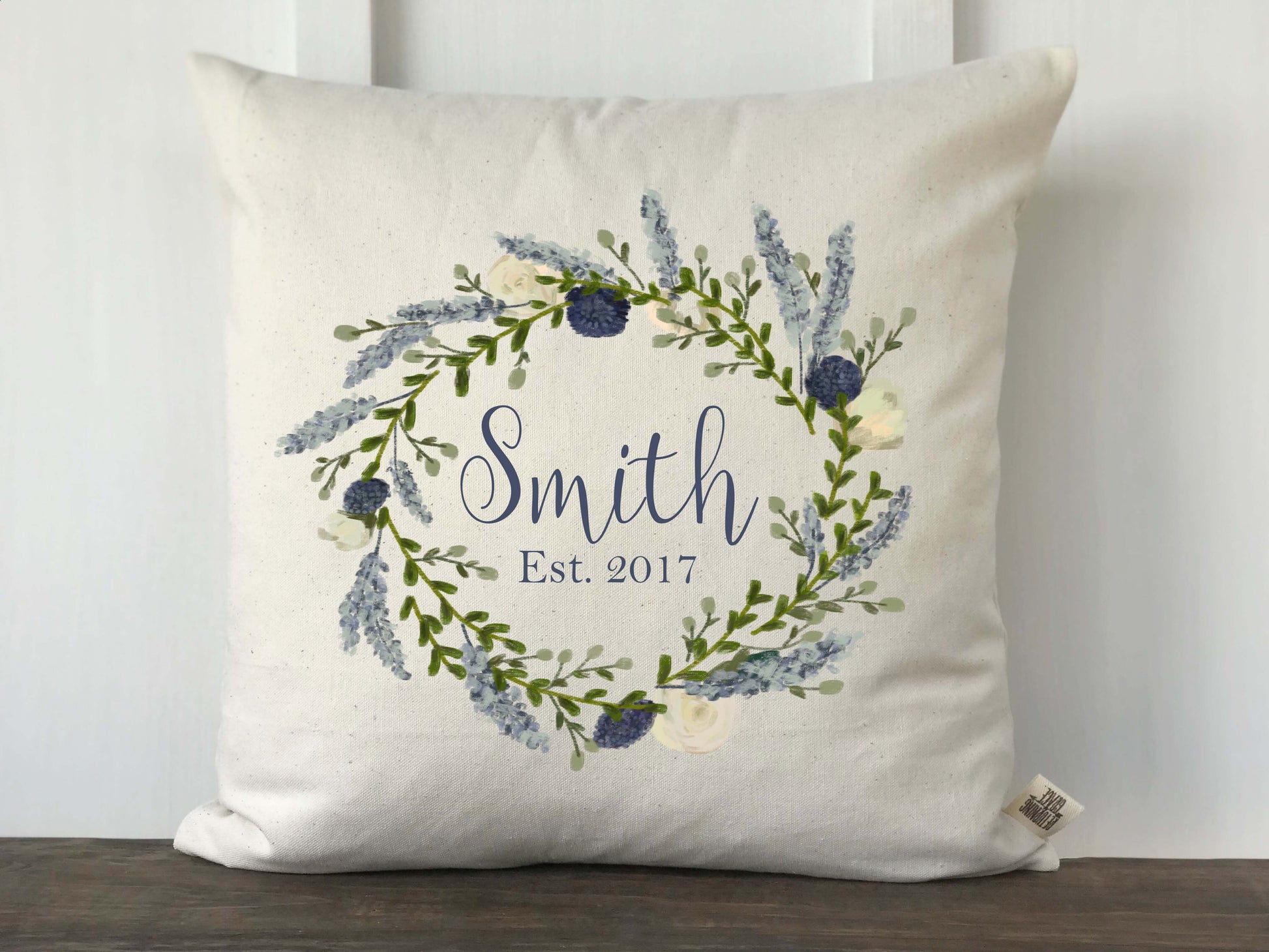 Blue Watercolor Floral Wreath Personalized Pillow Cover - Returning Grace Designs
