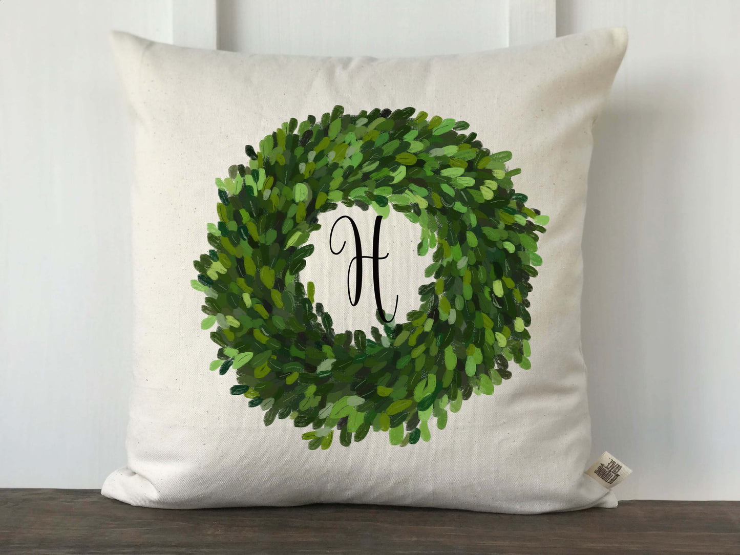Boxwood Wreath Monogram Pillow Cover - Returning Grace Designs