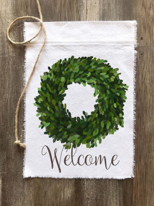 Boxwood Wreath Welcome Canvas Banner Flag - Returning Grace Designs