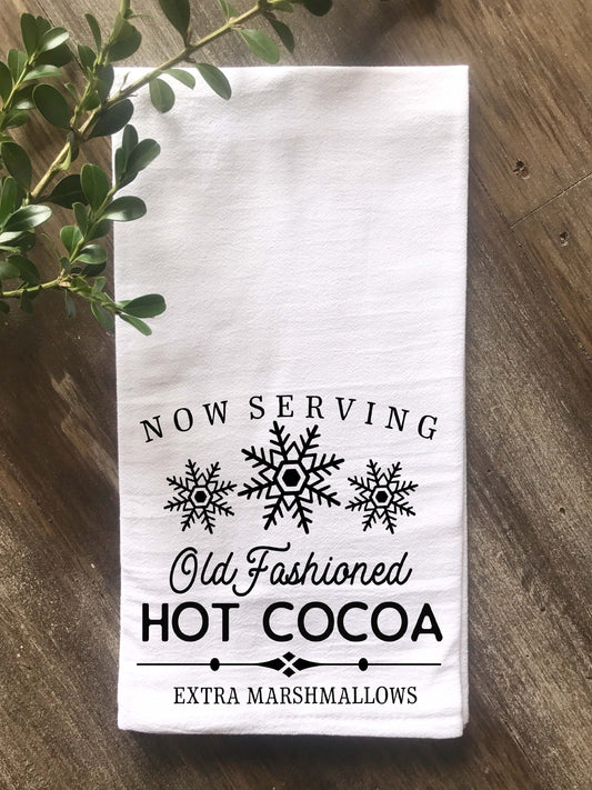 Now Serving Hot Cocoa Tea Towel - Snowflakes