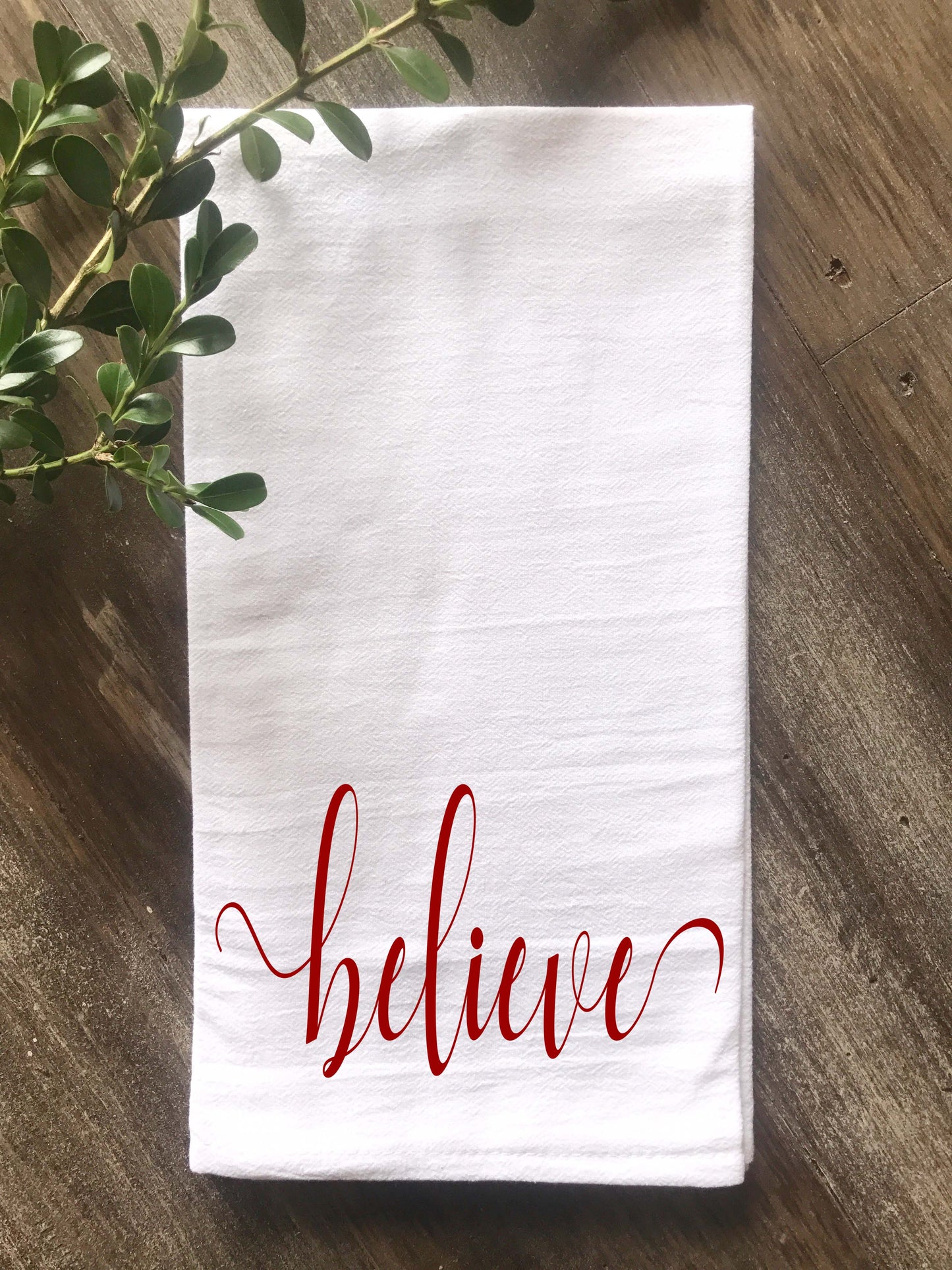 Believe Script Christmas Flour Sack Tea Towel - Returning Grace Designs