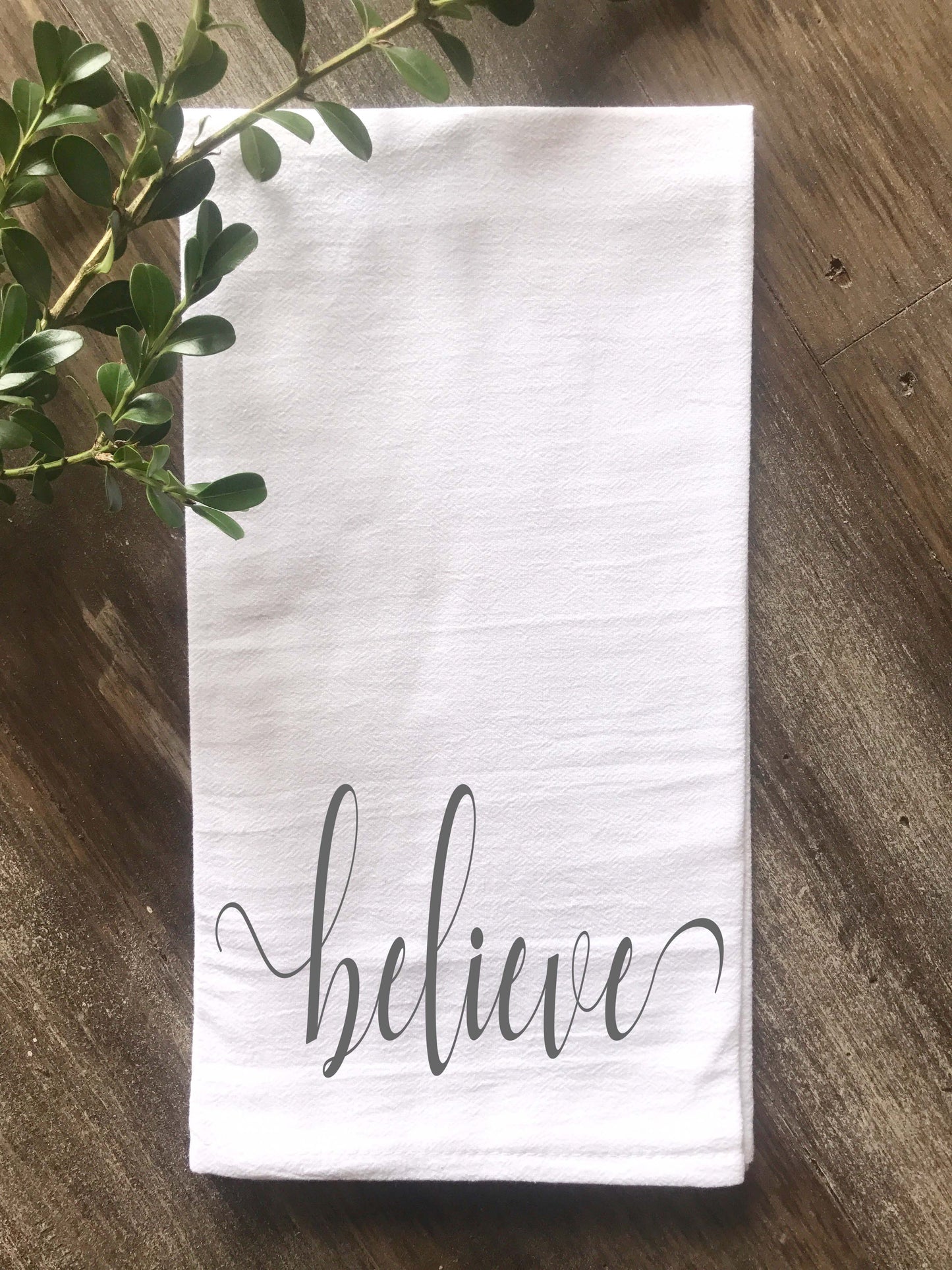 Believe Script Christmas Flour Sack Tea Towel - Returning Grace Designs
