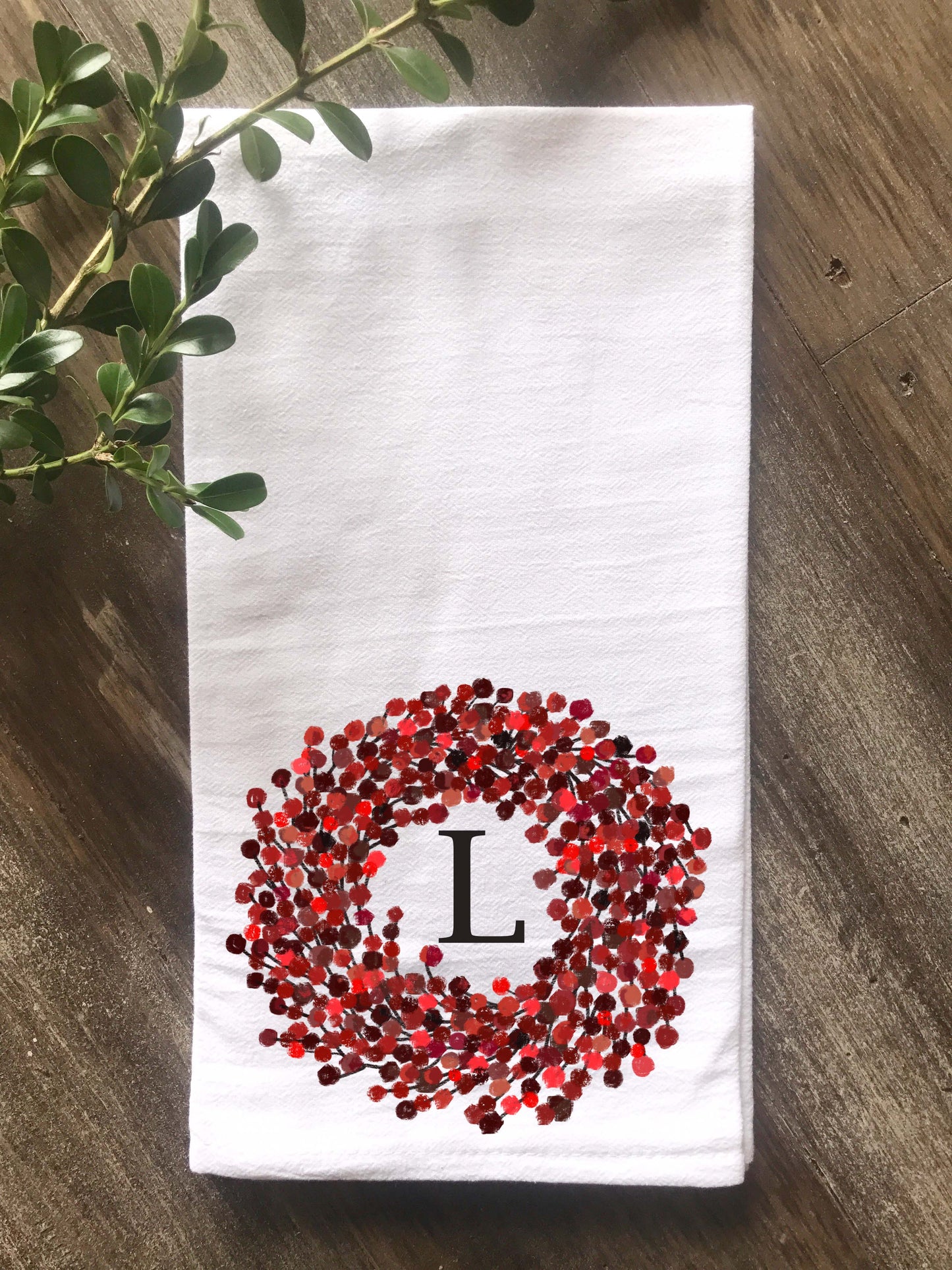 Berry Wreath Monogram Flour Sack Tea Towel - Returning Grace Designs