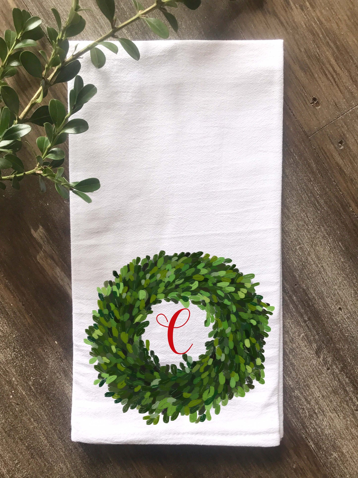 Boxwood Wreath Christmas Monogram Flour Sack Tea Towel - Returning Grace Designs