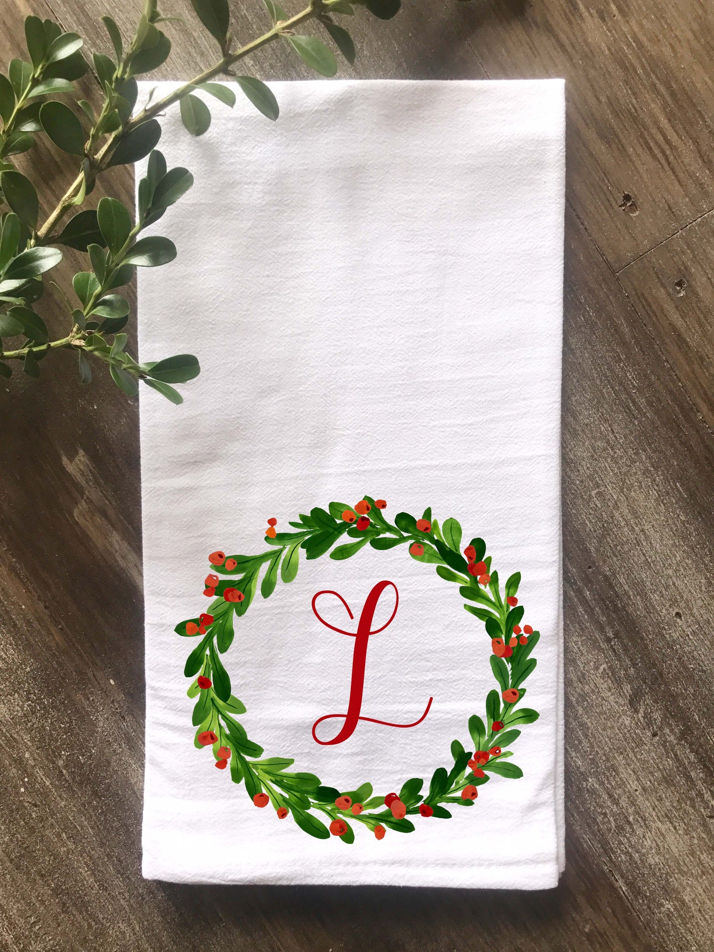 Watercolor Holly Wreath Personalized Christmas Flour Sack Tea Towel - Returning Grace Designs