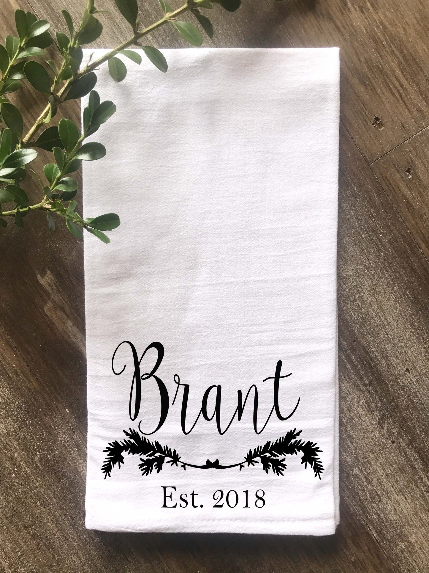 Personalized Pine Branch Christmas Flour Sack Tea Towel - Returning Grace Designs