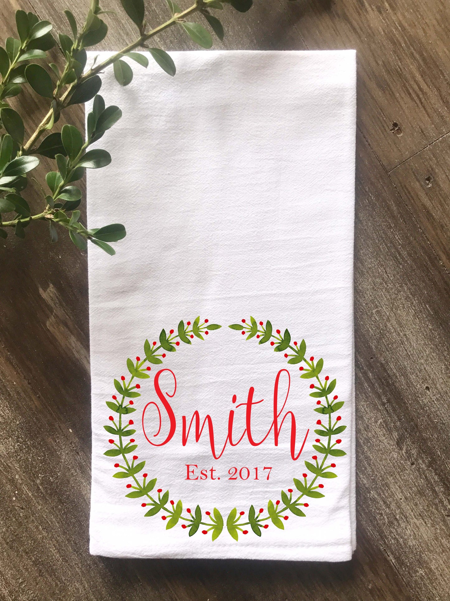 Watercolor Laurel Wreath Personalized Christmas Flour Sack Tea Towel - Returning Grace Designs