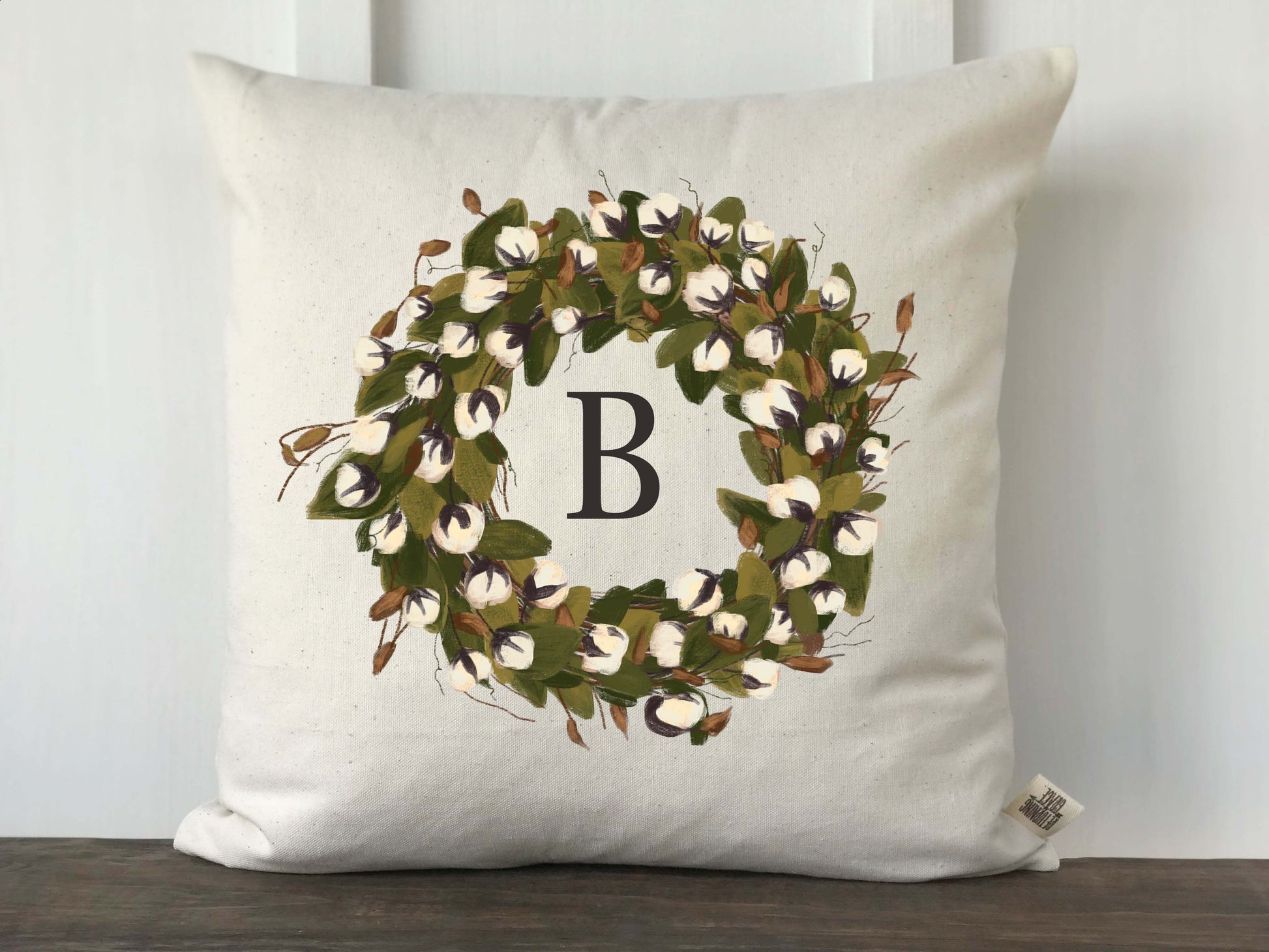 Cotton Wreath Initial Pillow Cover - Returning Grace Designs