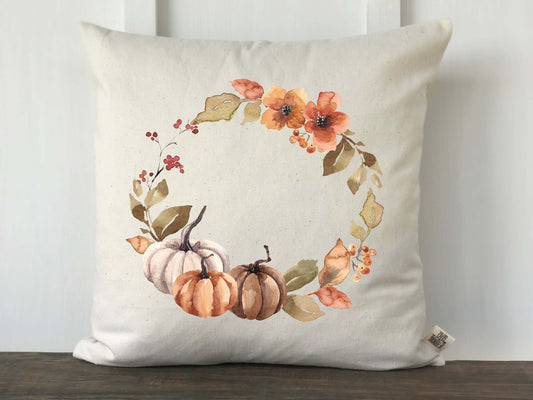 Fall Watercolor Pumpkin Wreath Pillow Cover