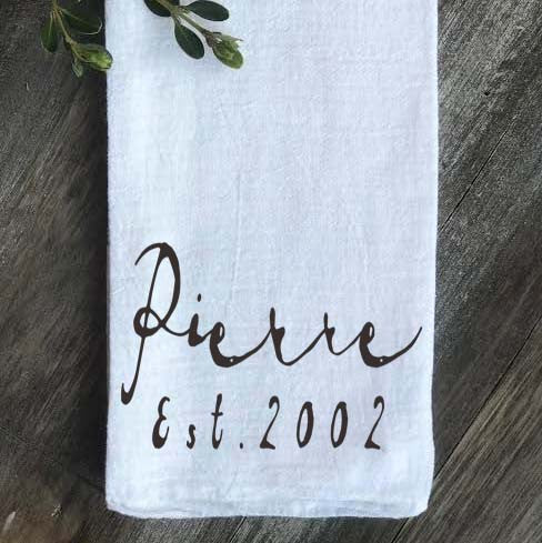 French Script Personalized Flour Sack Towel - Returning Grace Designs