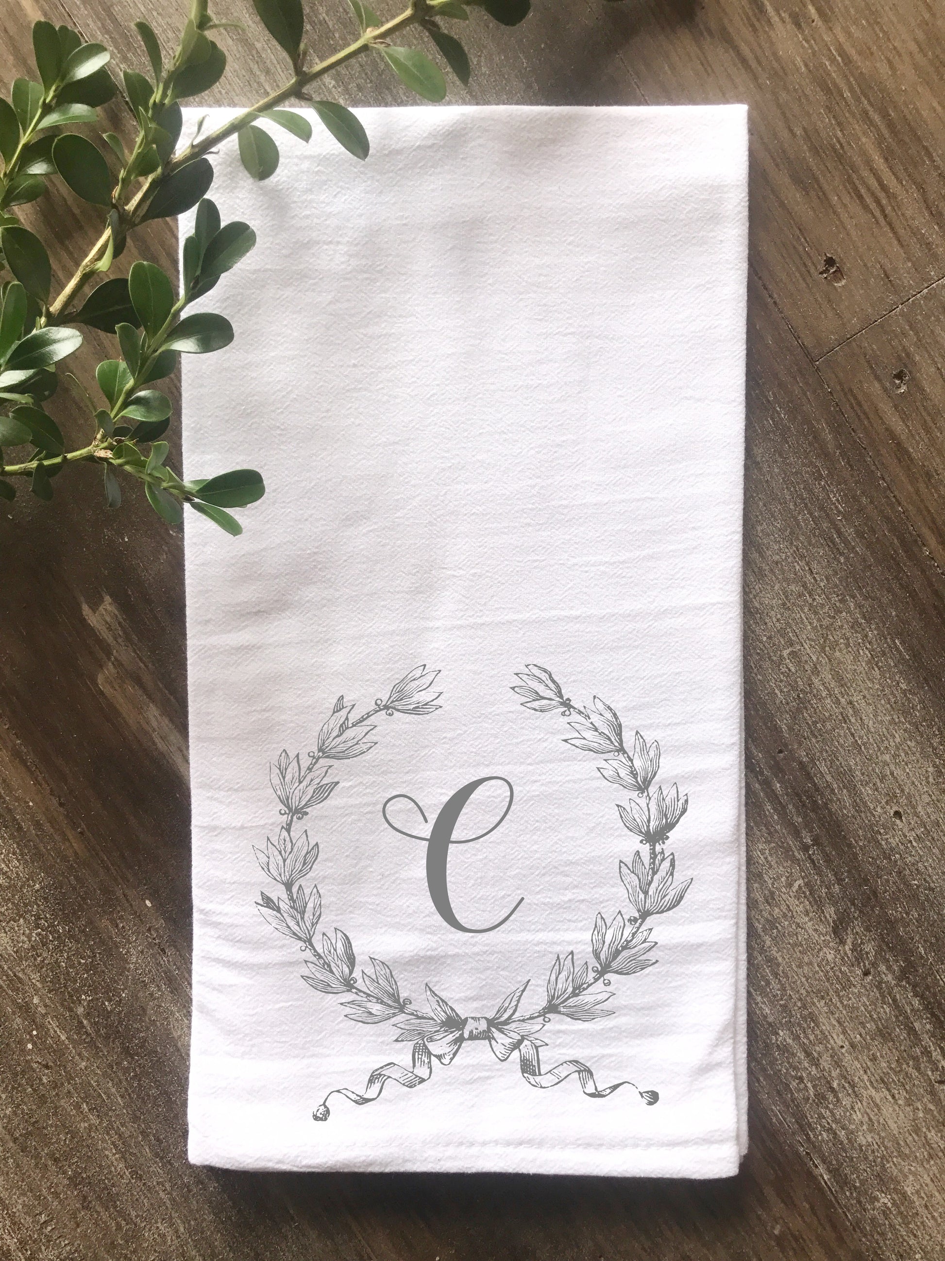 French Farmhouse Wreath Monogrammed Flour Sack Tea Towel - Returning Grace Designs