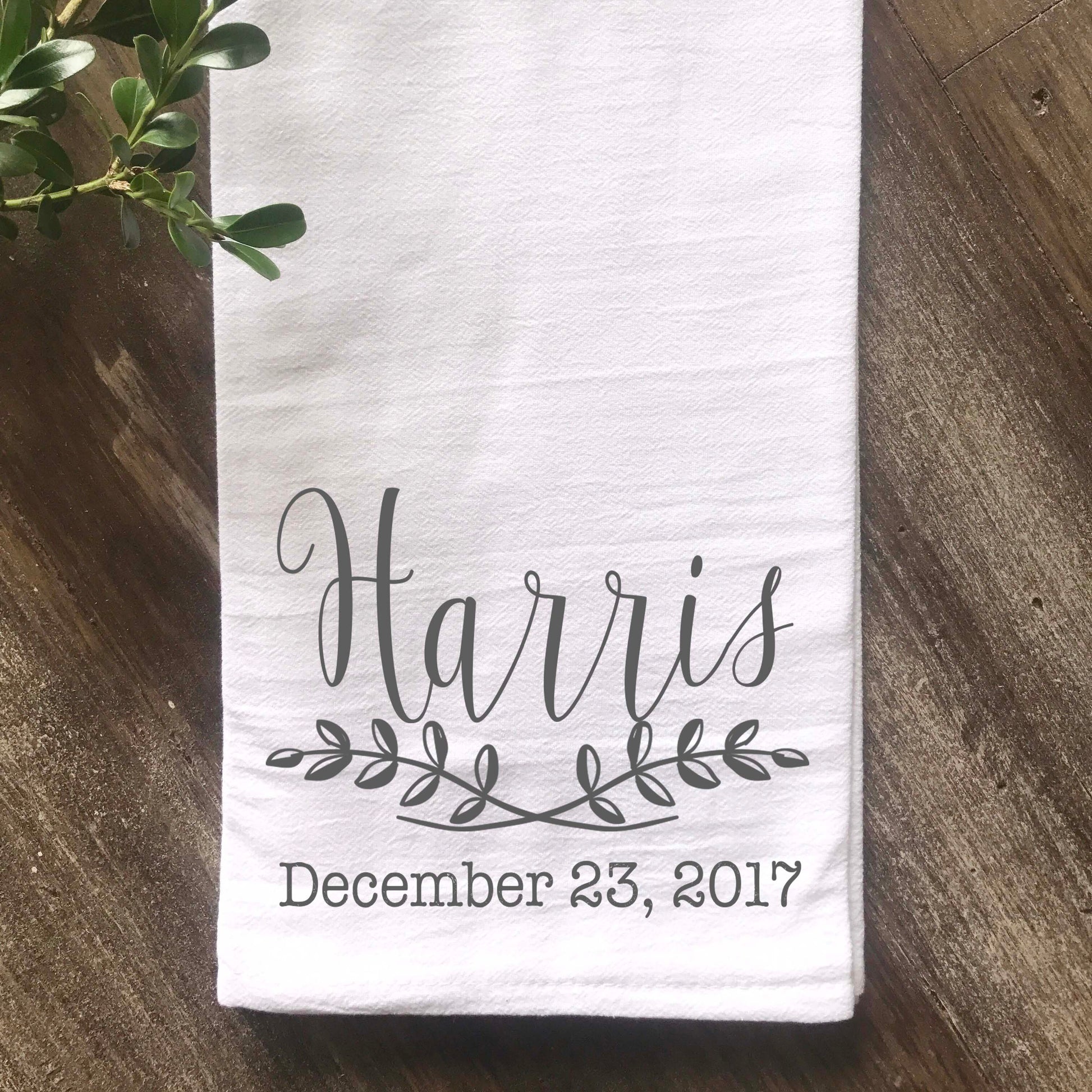 Personalized Leaf Branch Flour Sack Towel with Wedding, Anniversary or Event Date - Returning Grace Designs