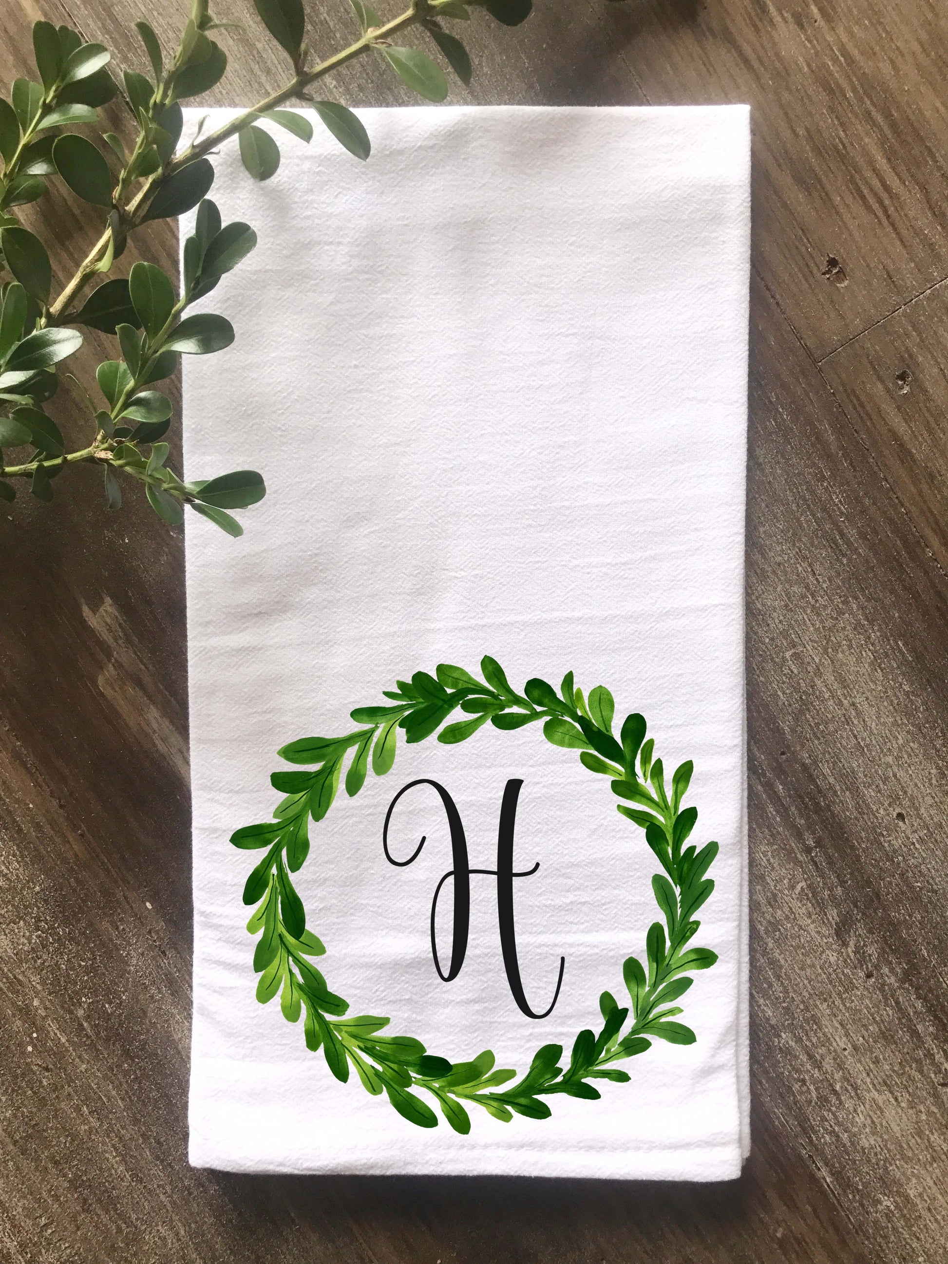 Greenery Wreath Personalized Flour Sack Tea Towel - Returning Grace Designs