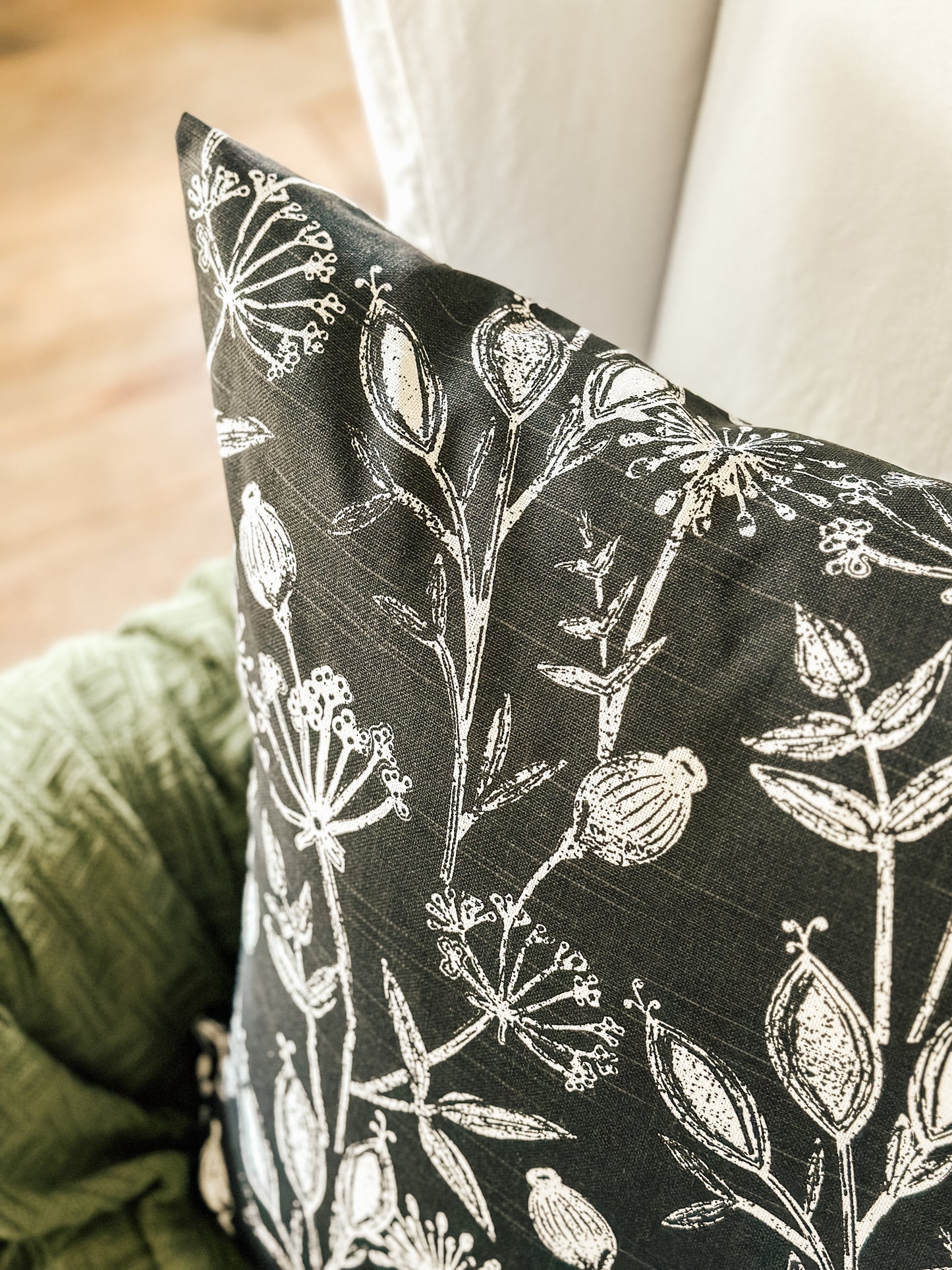 Hand Drawn Floral Linen Pillow Cover - Black and Blush