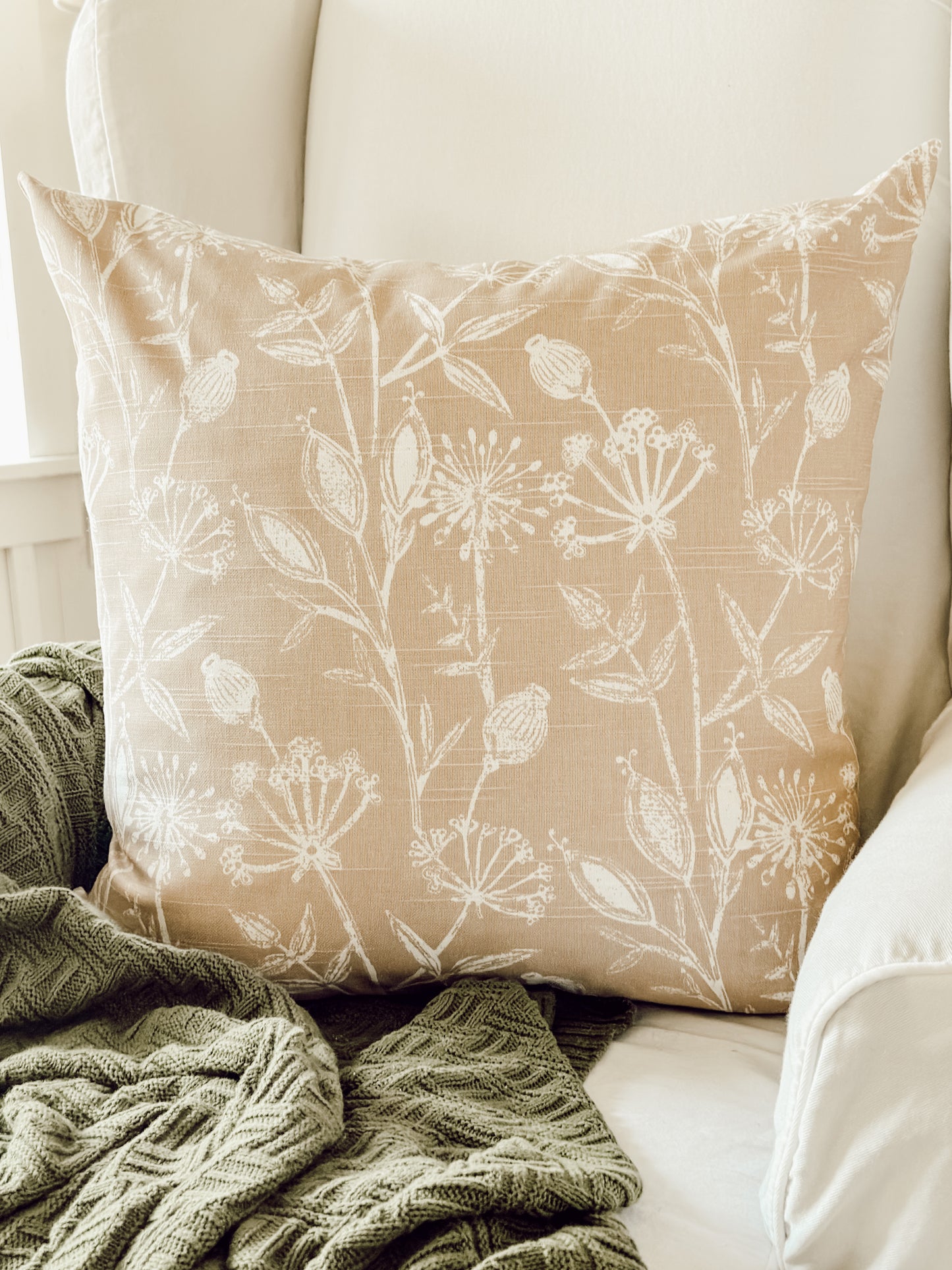 Hand Drawn Floral Linen Pillow Cover - Black and Blush