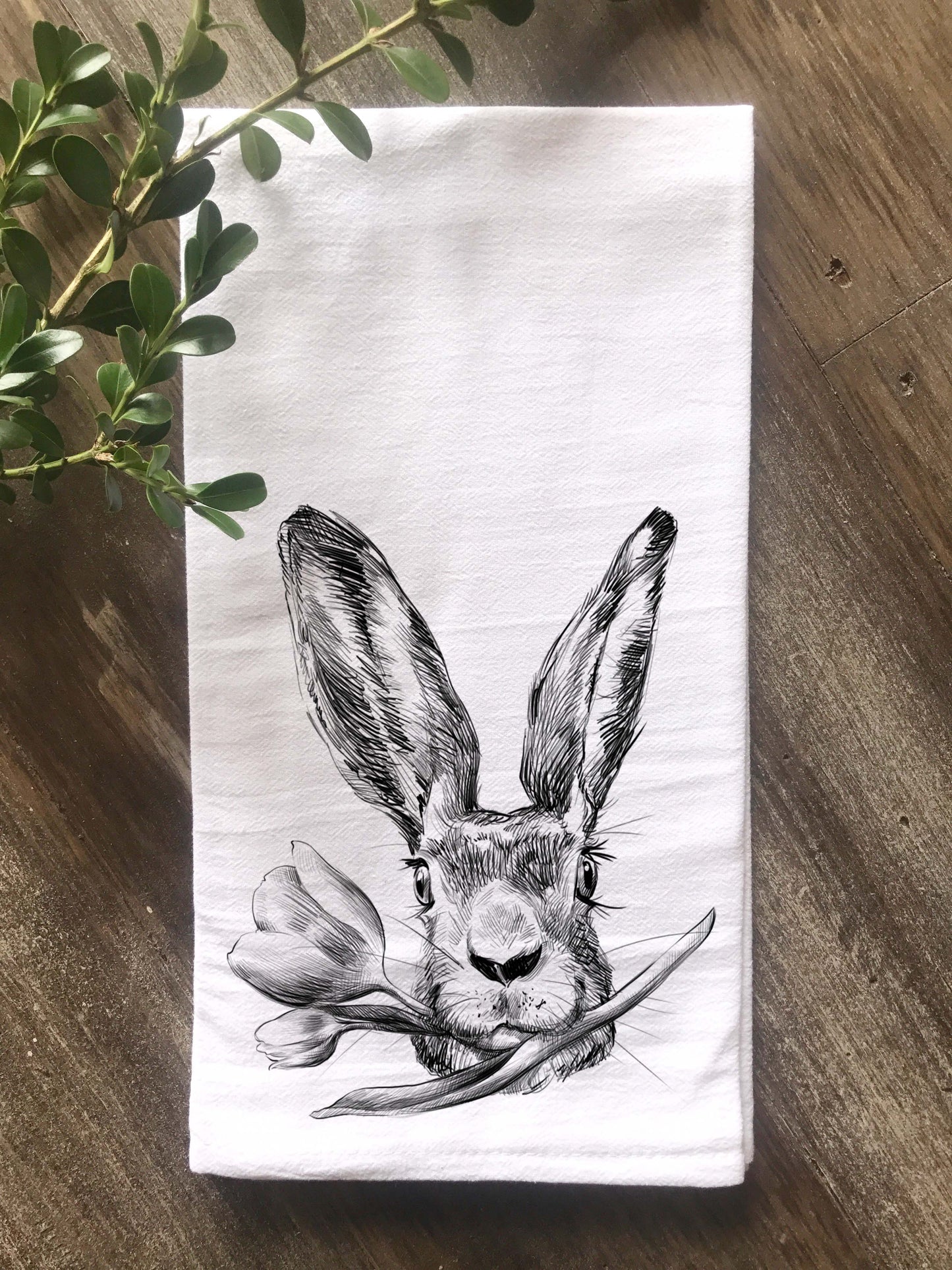 Hand Drawn Rabbit with Flower Flour Sack Tea Towel - Returning Grace Designs