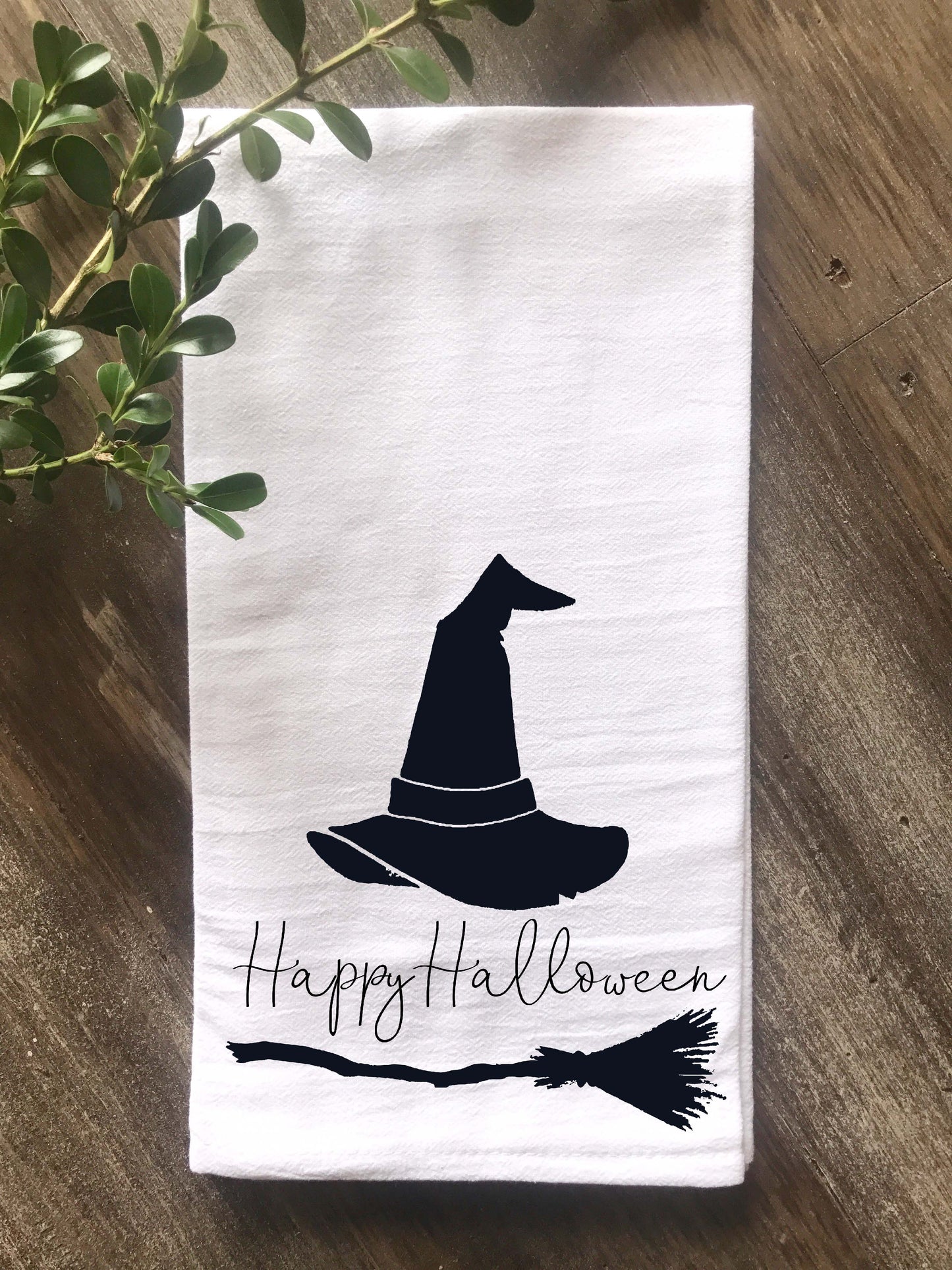 Happy Halloween with Witch Hat and Broom Tea Towel